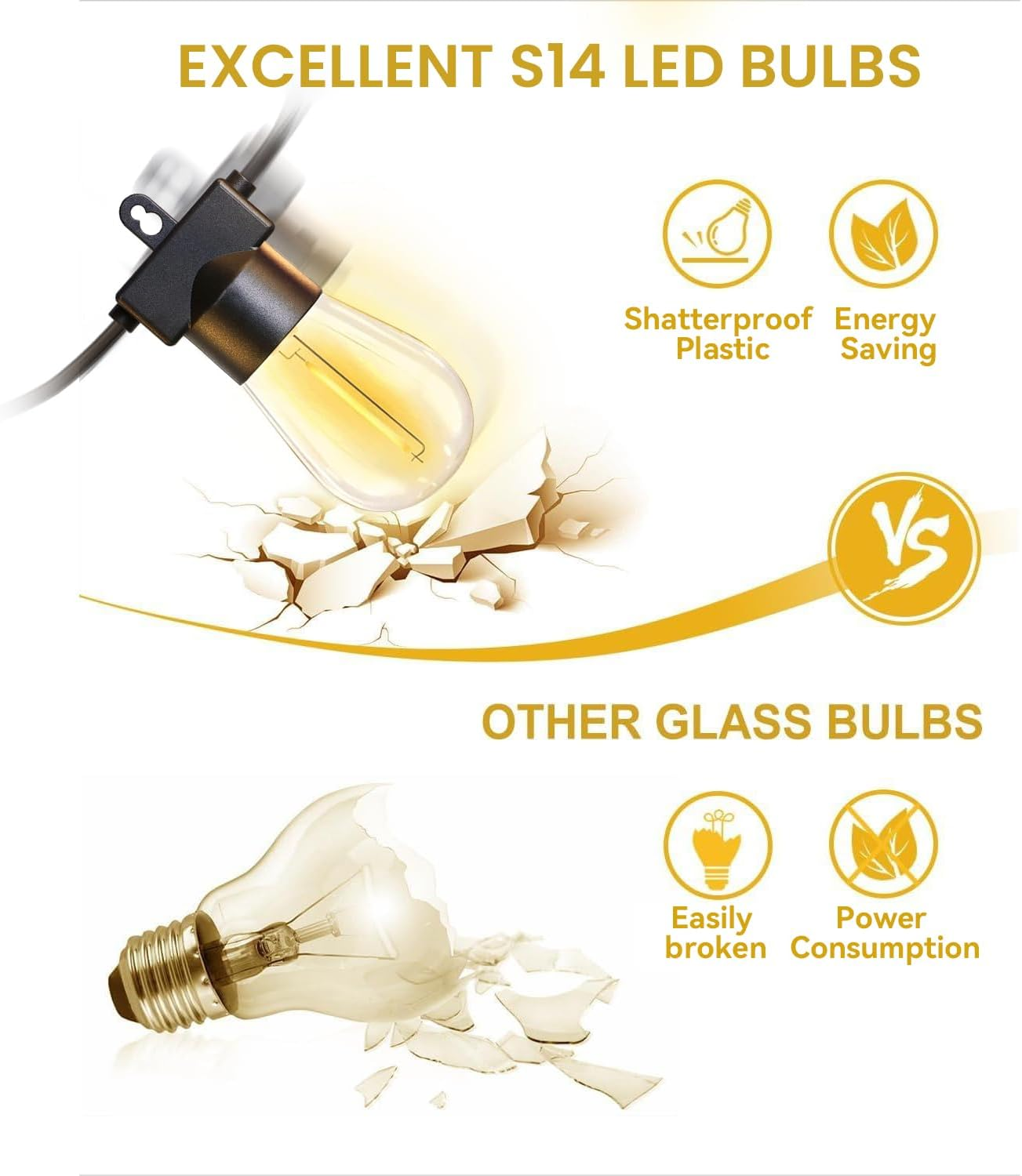 Roccar Festoon Lights Outdoor 30M, 1Pack Outdoor String Lights with 30+2 S14 LED Bulbs, Waterproof and Shatterproof Plug-In Outdoor Lights，2700K Warm White Fairy Lights for Party, Garden, Yard image number 1