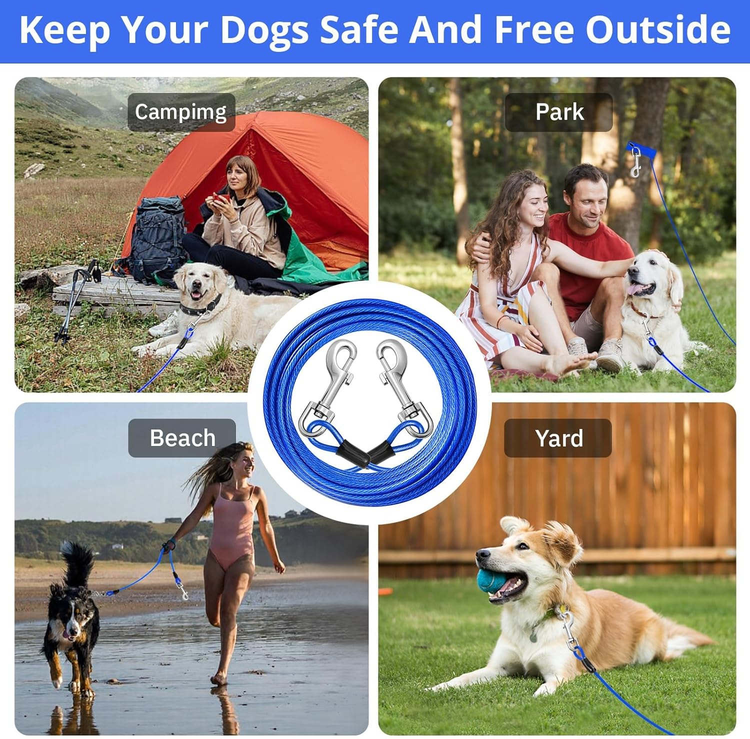 Dog Tie Out Cable, 5M Dog Leads for Yard Heavy Duty, Chain Leash for outside Small Large Dogs up to 125Lbs Outdoor Runner Camping image number 4