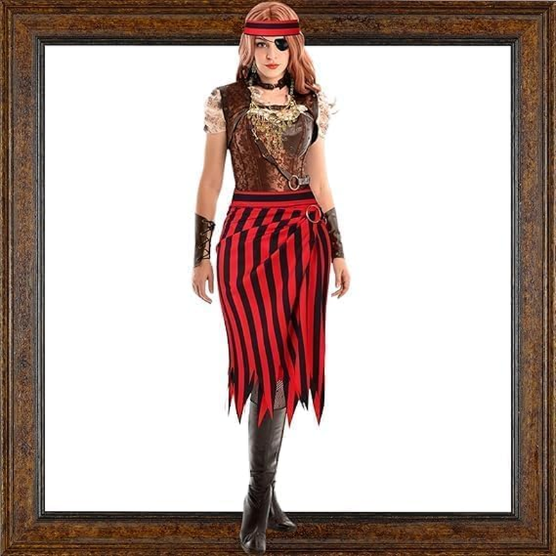 Slowton Pirate Costume Women - 2PCS Adult Renaissance Pirate Outfit with Striped Skirt and Headscarf Pirate Themed Costumes for Halloween Party Captain Carnival Music Festival image number 3