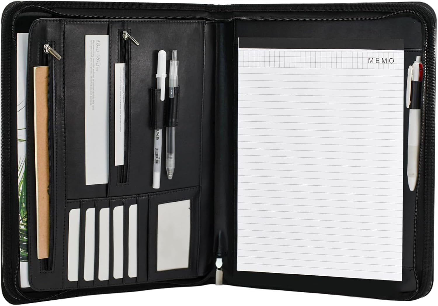 VANRA Zippered Padfolio for Men Leather Portfolio for Women Binder Organizer Interview Resume Folder for Papers Document Holder Planner Binder A4 Letter Size with Notepad (Black)