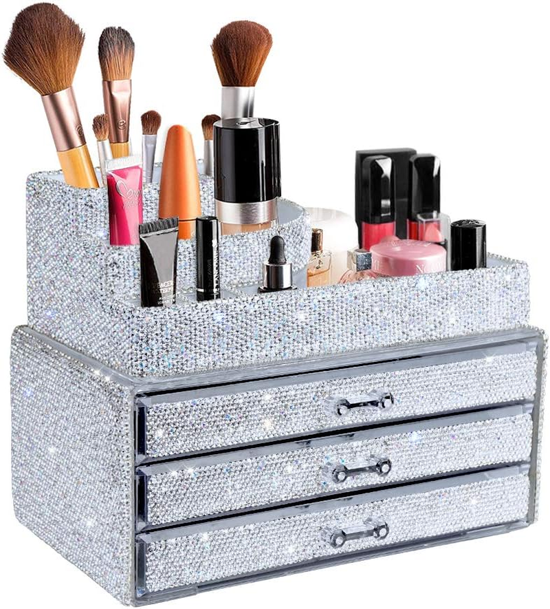 Makeup Organizers Drawer,Jewelry Cosmetic Storage Display Boxes, Makeup Brush Holder, Cosmetic Holder,Bling Diamond Countertop Jewelry Case,2 Pieces Set (Purely Handmade)(White)&hellip;