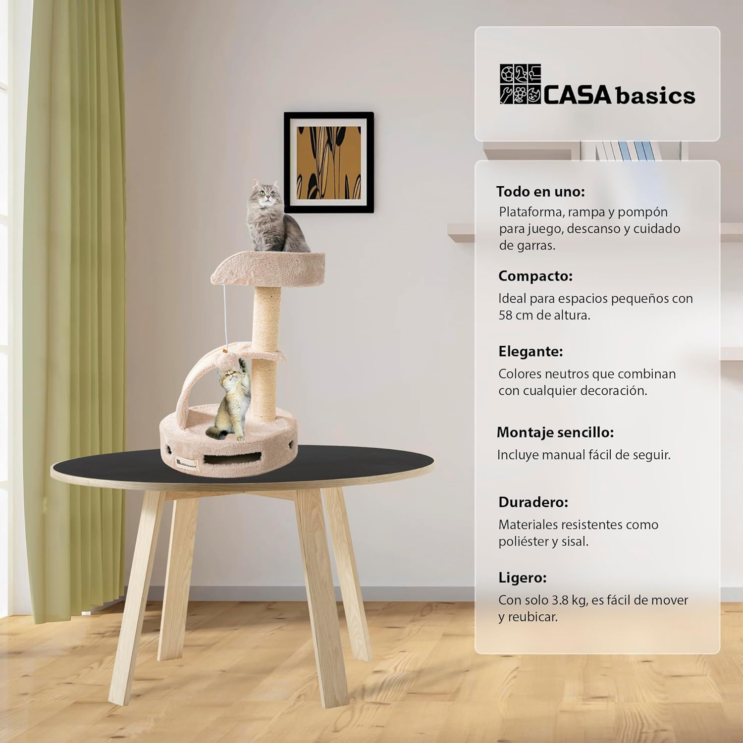 CASA Basics Cat Tree Tower, 58Cm Height, Plush Platform with Scratching Post and Dangling Ball (Beige) image number 5
