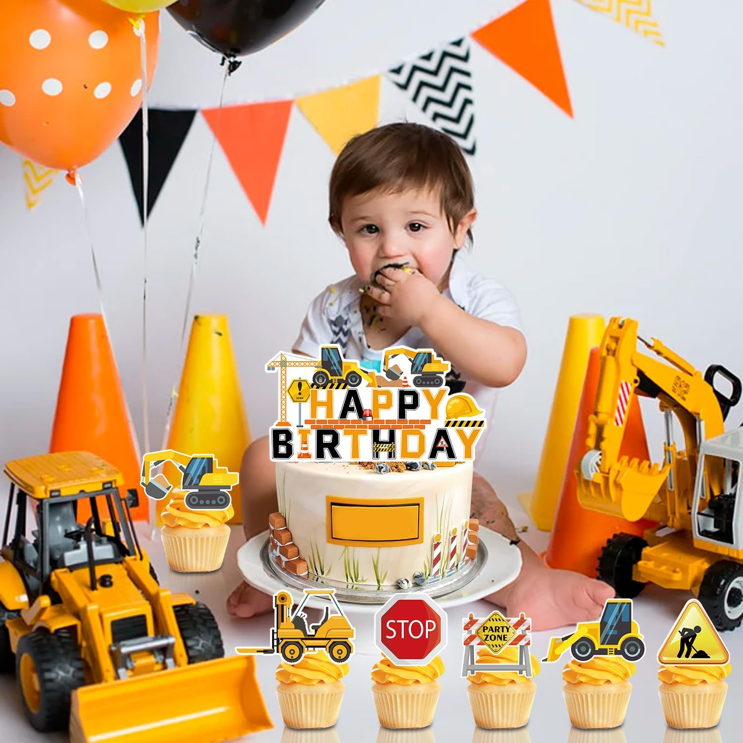 Construction Cake Topper, 13 Pcs Construction Cake Decorations Set Birthday Topper Excavator Cupcake Toppers for Birthday Supplies image number 5