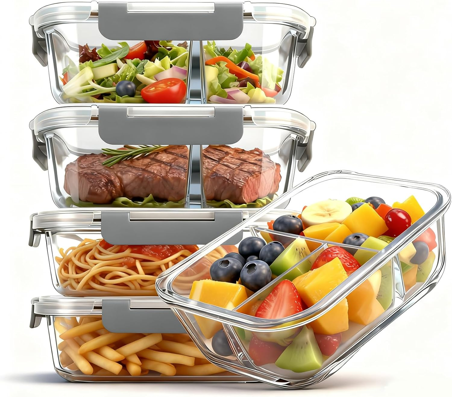 Glass Food Storage Containers,5 Pack Large Meal Prep Containers with Plastic Lids(1040Ml), Dishwasher, Microwave, Oven, & Freezer Safe,Glass Lunch Box for Kitchen Storage & Organisation image number 3