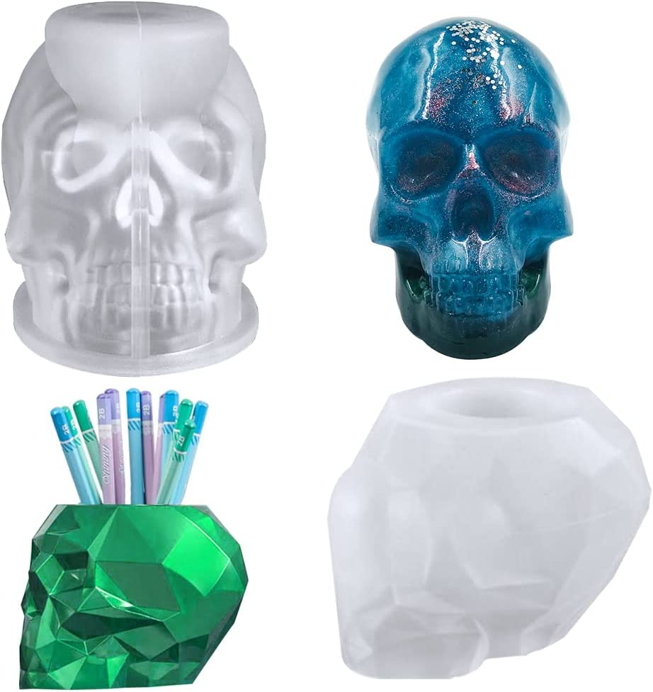 2 Pcs Skull Resin Moulds, 3D Large Silicone Moulds for Resin DIY Storage Resin Moulds Silicone Epoxy Resin Moulds for Candle Making Makeup Brush Pen Holder image number 4