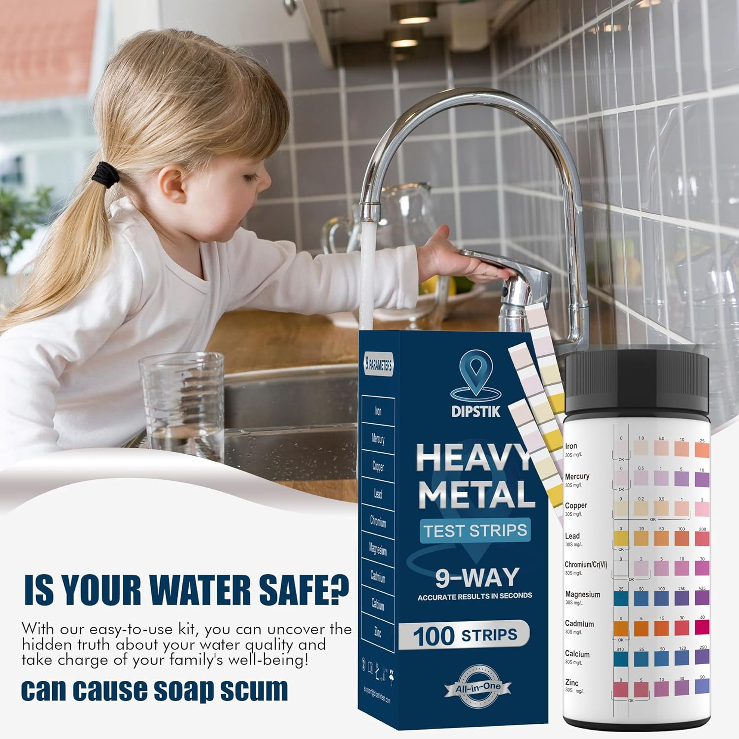9 Way Heavy Metals Water Test Strips, 100Ct Home Water Testing Kit for Iron, Mercury, Copper, Lead, Chromium, Magnesium, Cadmium, Calcium,Zinc image number 3