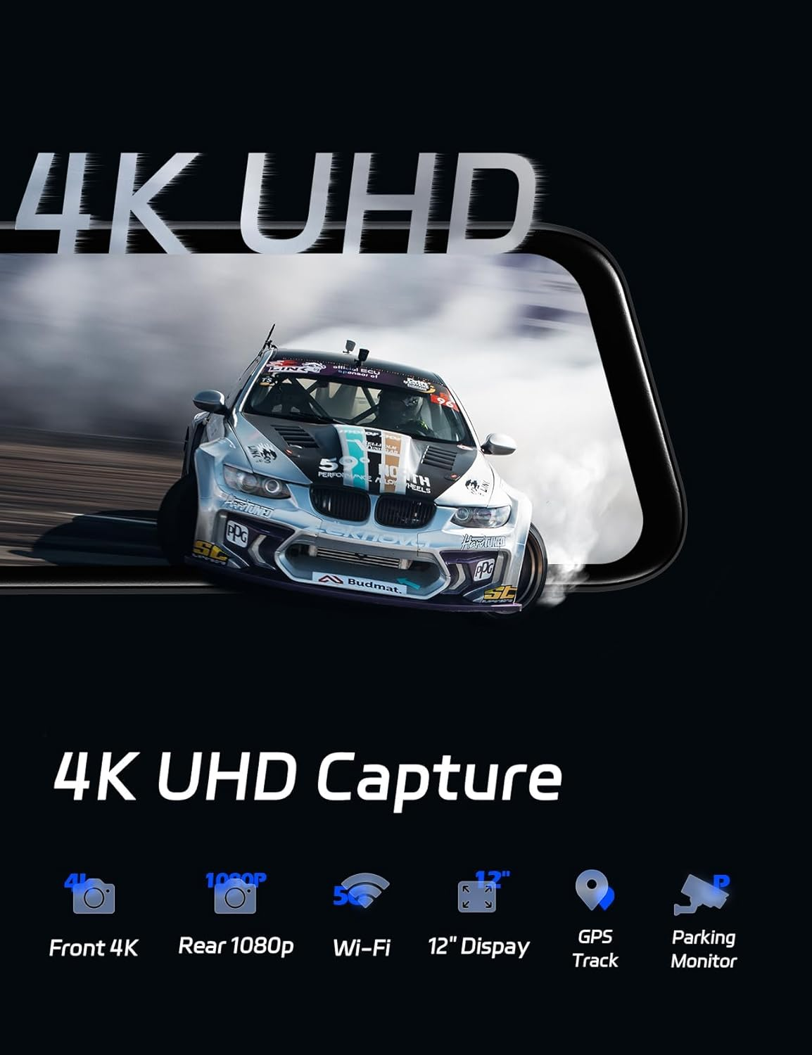 Pelsee P12 plus 4K Rear View Mirror Camera with ADAS and BSD, 5.8Ghz Wifi Mirror Dash Cam Front and Rear, Backup Camera for Car, GPS, 64GB Card Included, WDR Night Vision, Voice Control, 12" Display image number 1