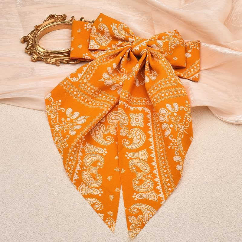 Bandana Hair Bow Large Bow Silky Satin Hair French Barrette Clip for Women Ribbon Hair Bows Paisley Hair Clips Hair Bow Accessories for Women Long Ribbon Bow Hair Clips French Barrette Hair Bows image number 4