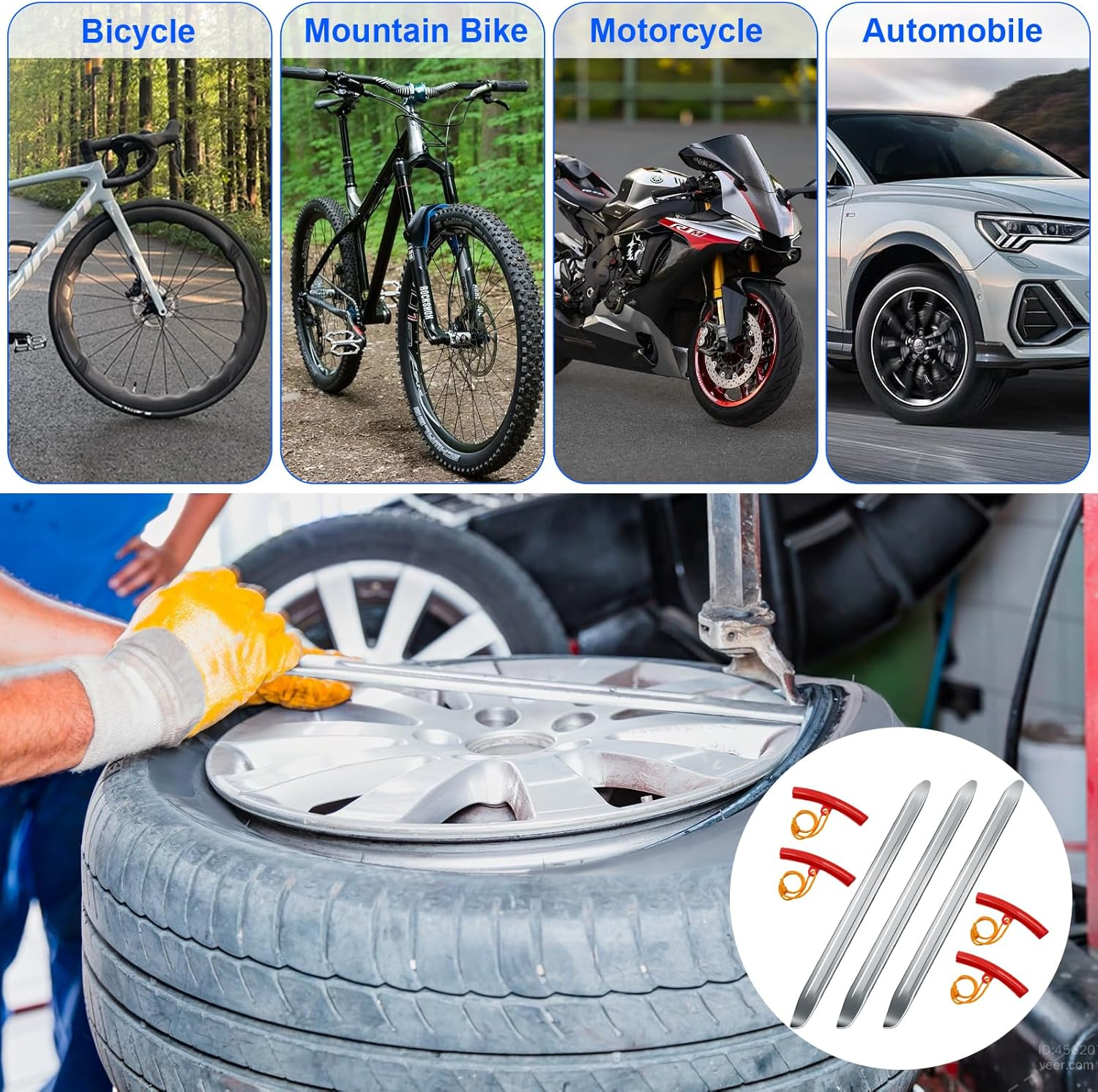 DAWRIS Set of 3 Tyre Lever 30 Cm with 4 Rim Protectors, Tyre Winding Aid with Wheel Rim Protectors, Tyre Remover Tyre Change Tool for Motorcycle, Bicycle, Car image number 1