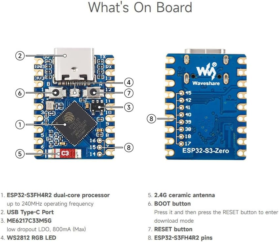 Waveshare ESP32-S3 Mini Development Board, Based on ESP32-S3FH4R2, Onboard Multi-Function GPIO Pins, Dual-Core Processor, 240Mhz Running Frequency, 2.4Ghz Wi-Fi & Bluetooth 5-[3PCS]