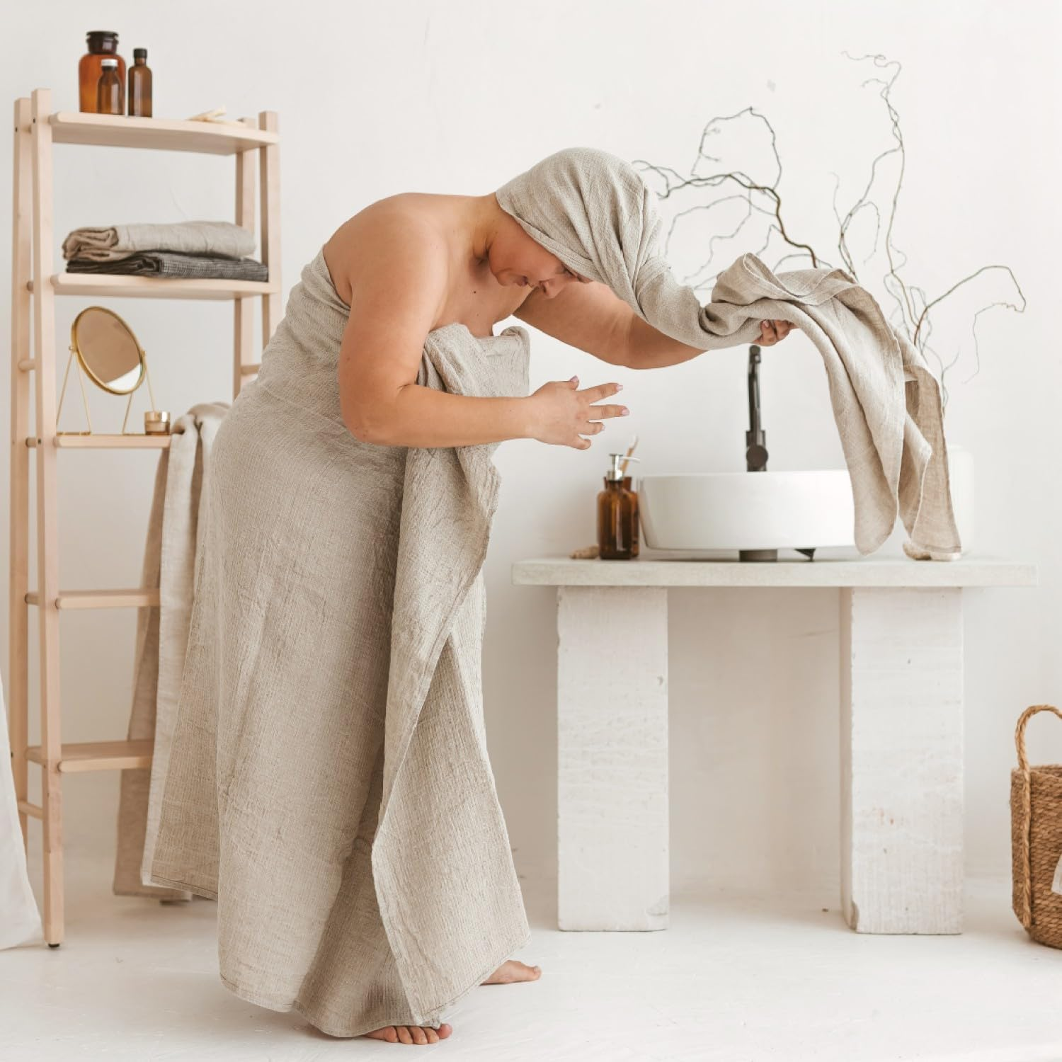 Pure 100% Linen Bath Towel - Stone-Washed 30 X 60 Inch Soft Lightweight Travel Towel - Waffle Weave Quick Dry Hair Towel - Natural Flax Thin Towels for Bathroom Gym or Sauna - Sustainable Bath Sheet image number 3