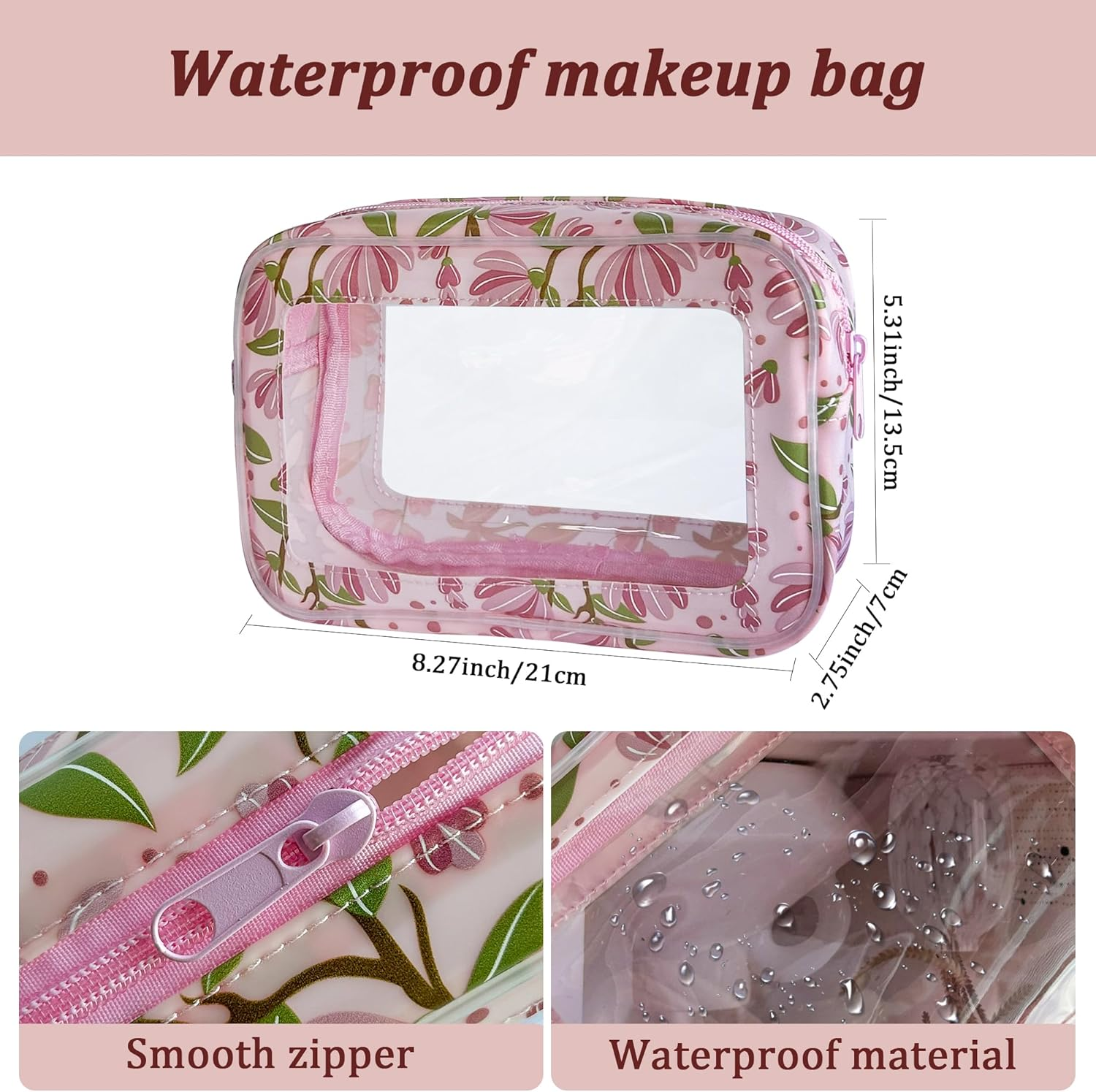 Transparent Waterproof Cosmetic Bag Made of PVC with Floral Pattern, 21 X 13.5 X 7 Cm, Travel Organiser for Day Care, Men and Women, Pink + Flowers, Modern image number 5