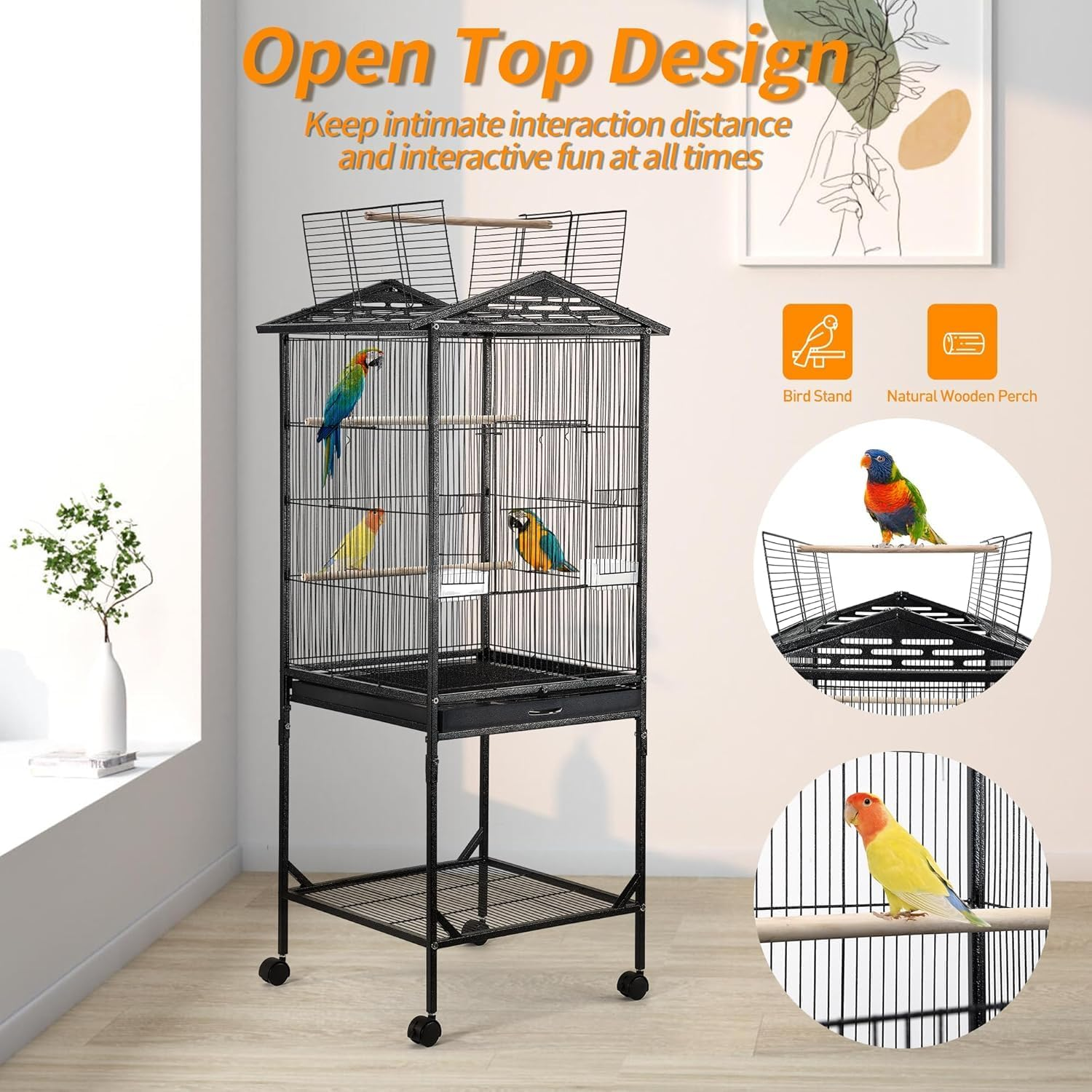 WAMBORY Wrought Iron Bird Cage with Open Top and Rolling Stand, Medium Small Standing Parrot Cage Withswing Wheels, Birdcage with Removable Tray & Feeding Bowls for Parrots Conure Cockatiel Lovebird image number 1