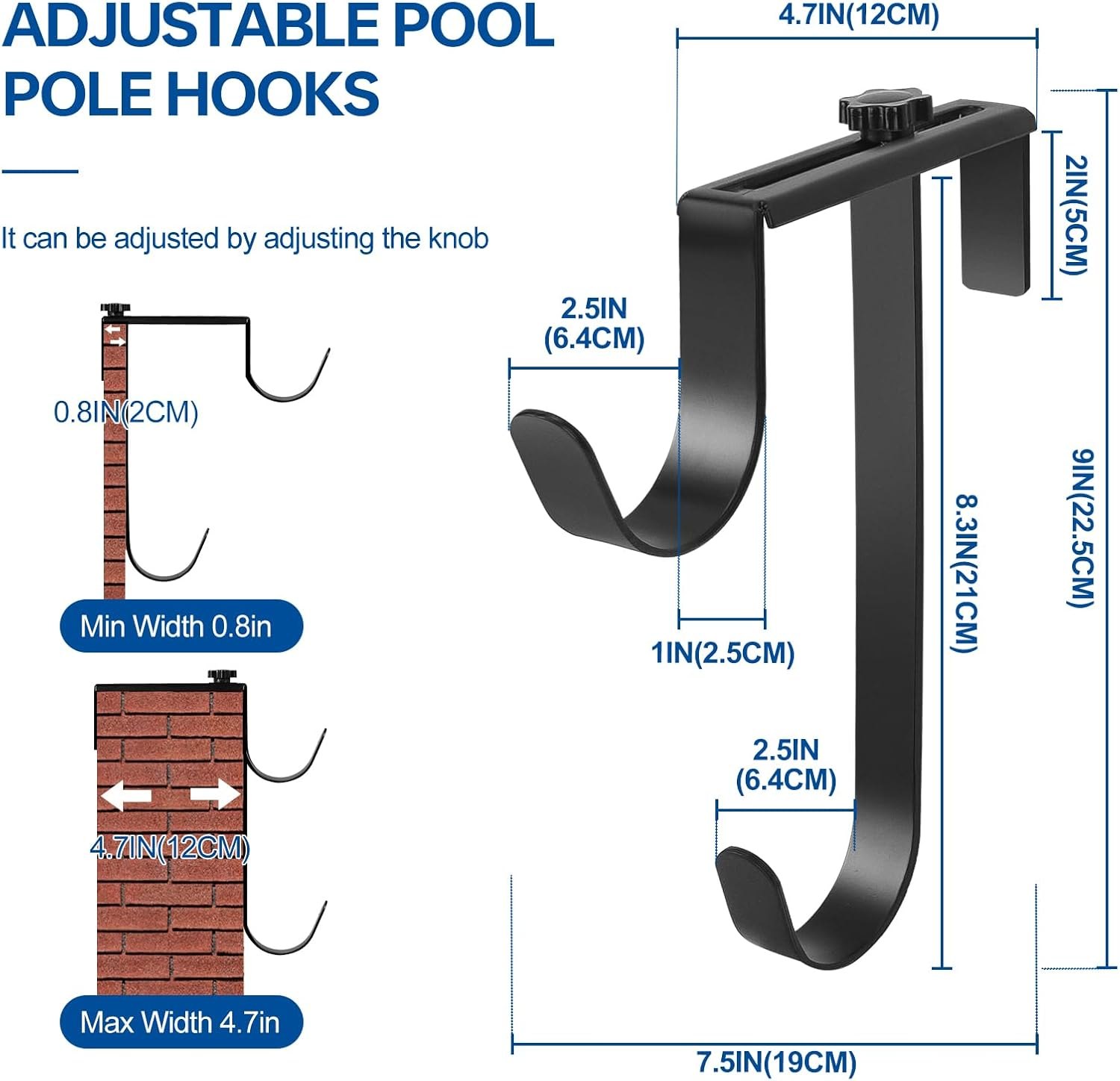 2Pcs Double Pool Pole Hooks, Adjustable Pool Pole Hanger, Metal Equipment Hooks for Hanging Pool Tool, Swimming Pool Accessories for Pool Fence,Wall Pool Tool Holder (Black) image number 4