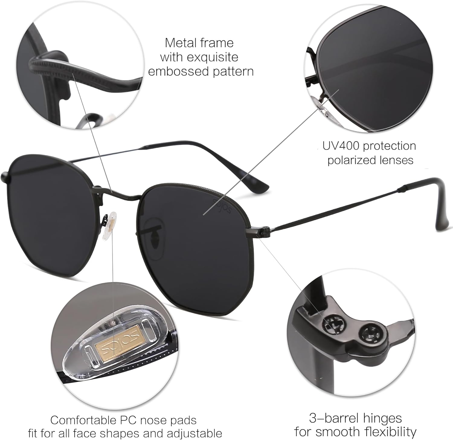 SOJOS Small Square Polarized Sunglasses for Men and Women Polygon Mirrored Lens SJ1072 - Black/Grey image number 2