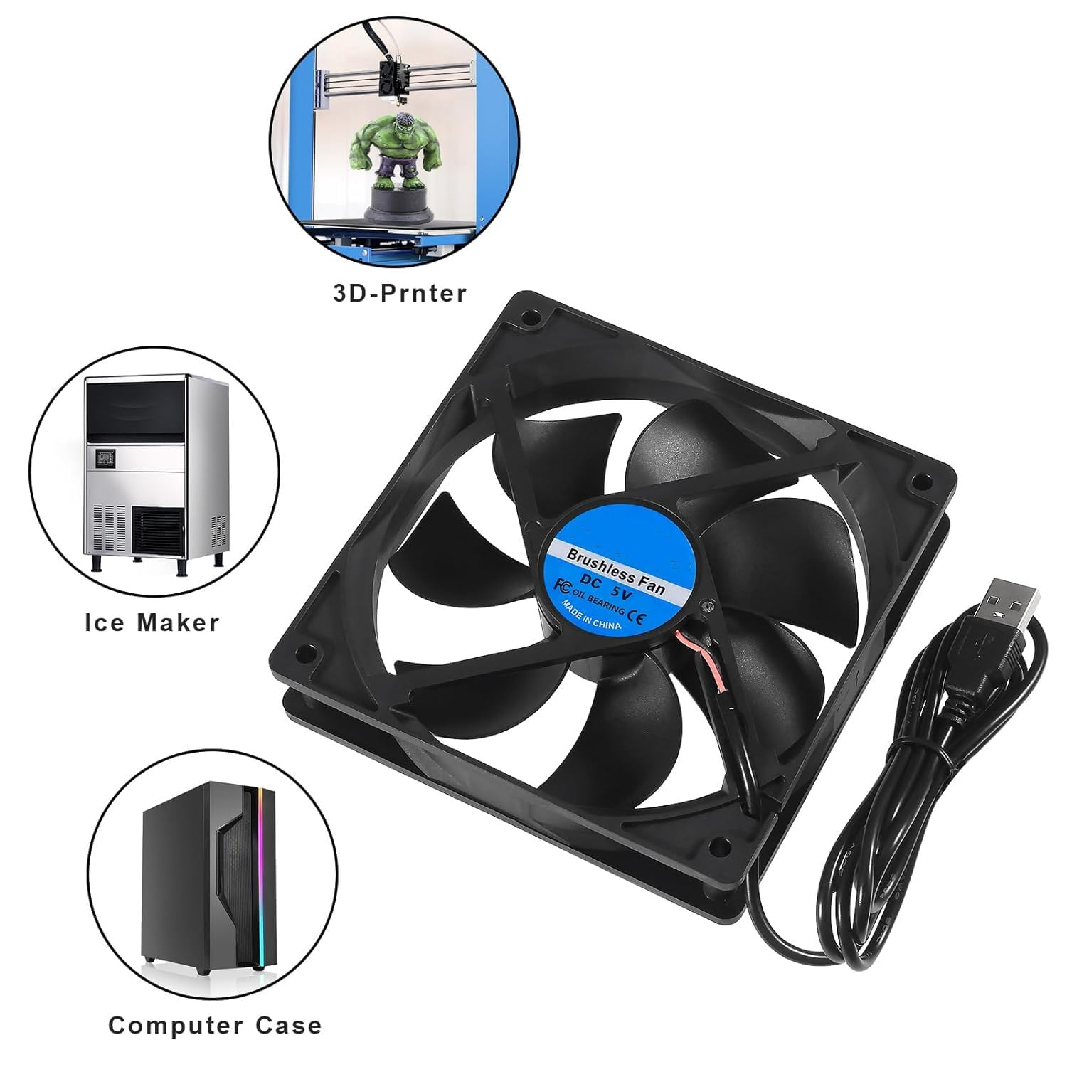 QCCAN 2Pcs 120Mm USB Fan 5V Brushless Cooling Fan, 2000 RPM High Speed Fan for Cooling DIY PC Computer Case 3D Printer CPU Coolers Radiators, Low Noise, Plug and Play image number 3