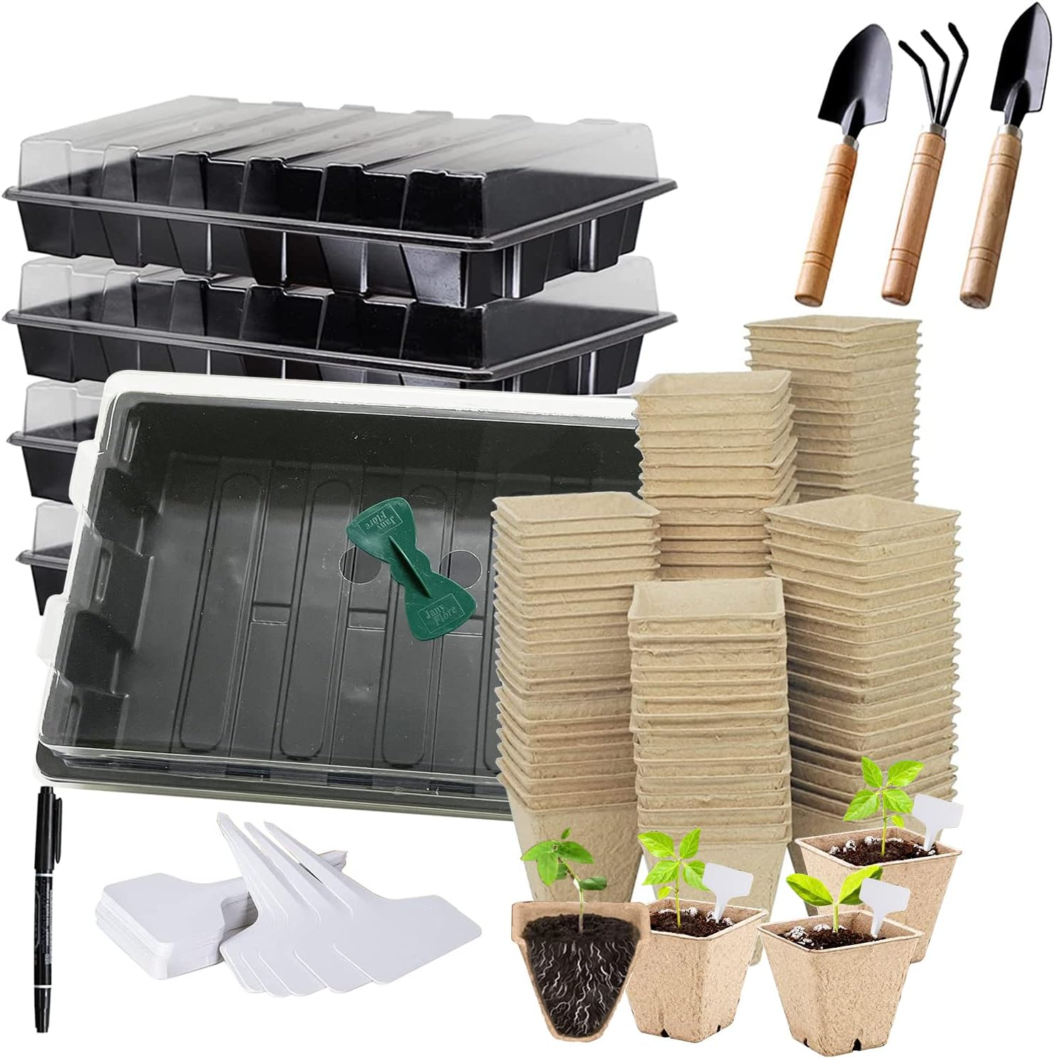 Seed Starter Kit with 90 Peat Pots for Seedlings Seed Starter Trays, 5 Plastic Growing Trays 20 Plant Labels & 3 Garden Tools, Outdoor or Indoor Herb Garden Nursery
