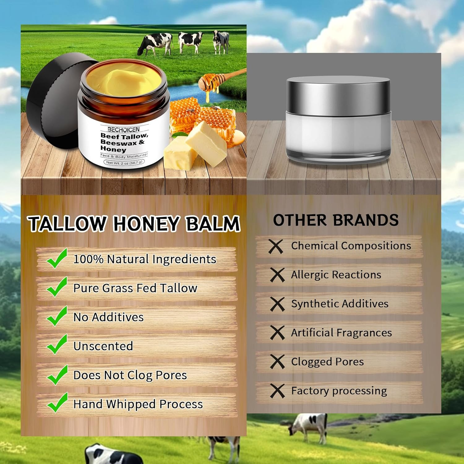 Beef Tallow and Honey Balm,Tallow Balm for Face & Body,Grass Fed Beef Tallow Moisturizer with Tallow,Beeswax & Honey,Moisturizes & Repairs Dry Skin,2 Oz image number 4