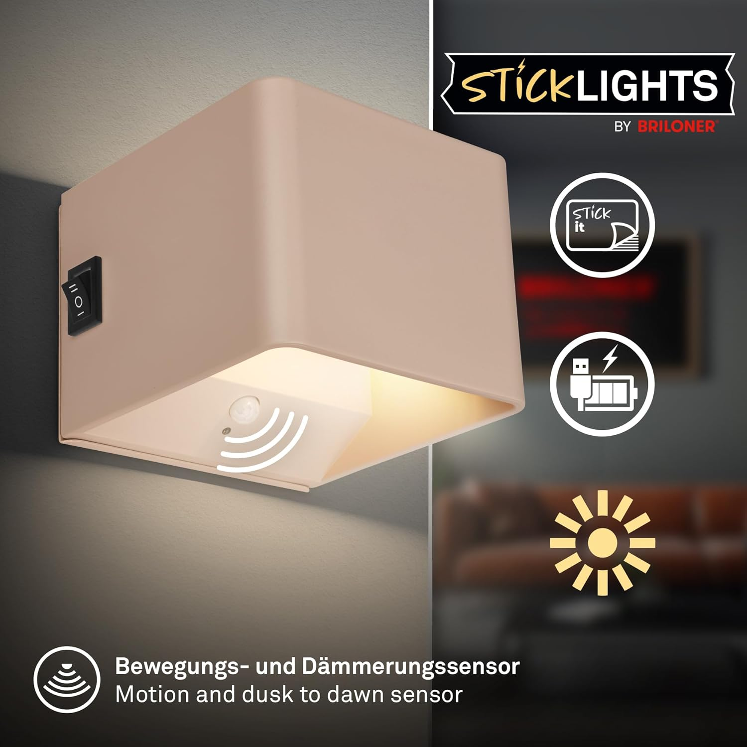 BRILONER Sticklights - LED Wall Light without Power Connection and No Drilling with Motion Sensor, Battery, Magnetically Removable, Wall Lamp for Gluing, Reading Lamp, Living Room Lamp, Hallway, 10 X image number 5