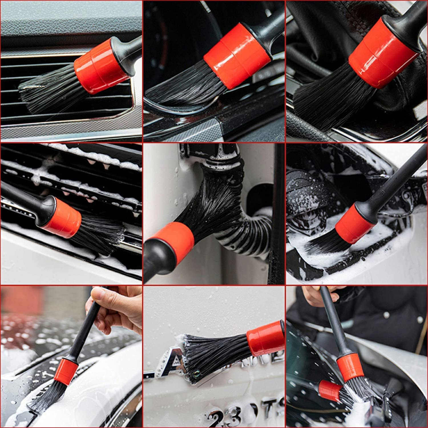 Car Detailing Brush Auto Detailing Brush, 5Packs Premium Car Detail Brush,Car Interior Cleaning Kit, Automotive Wheels Cleaner Emblems Brushes for Air Vents Interior Exterior Leather, Red image number 2