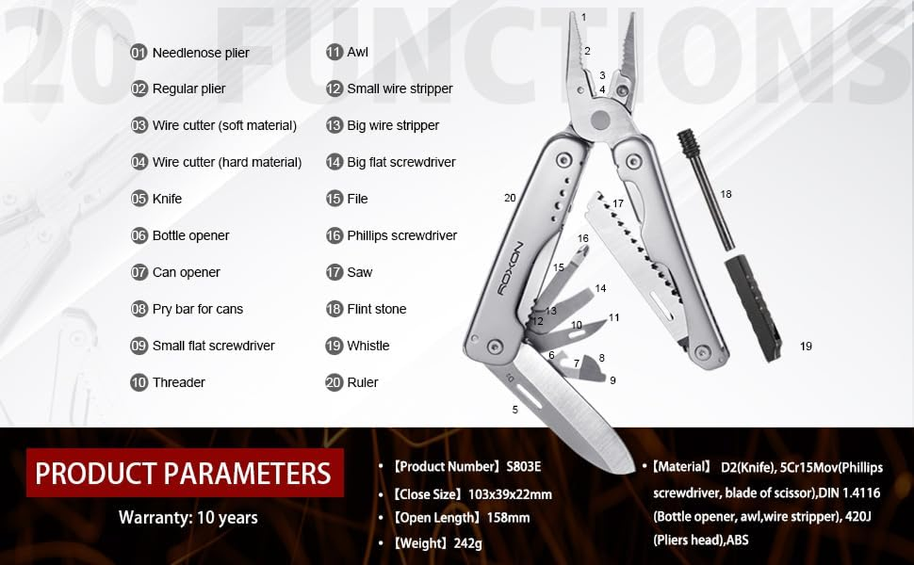 ROXON S803E Elite Flash Multitool with Strong Pliers, Flint Rod, Full-Size Lockable Blades for Outdoor Essential Survival Tool (D2 Blade) image number 4