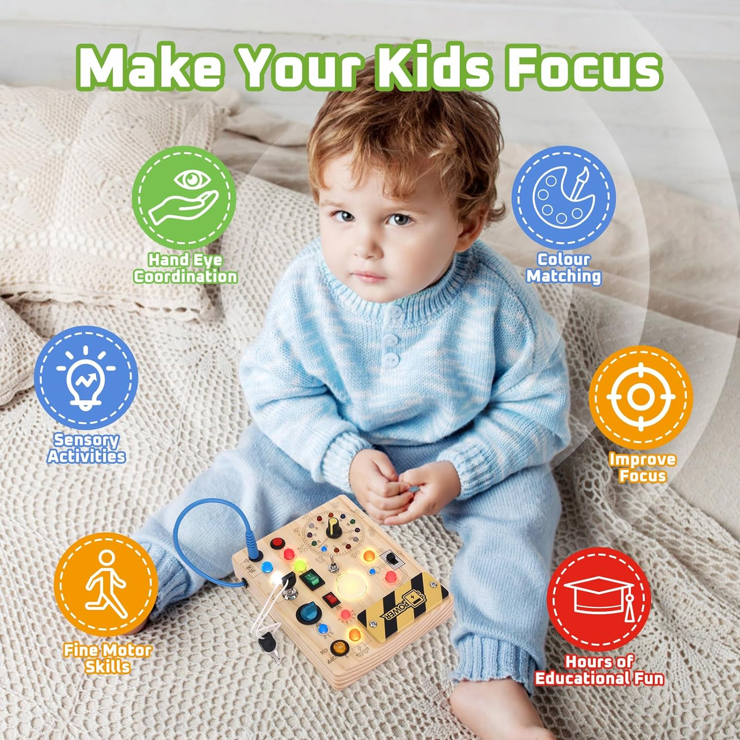 Busy Board 【Plus Version】 with 23 LED Light,Montessori Toys for 1+ Year Old,Sensory Toys for Fine Motor Skills, Gifts & Travel Toys F or Toddlers 1-3 image number 3