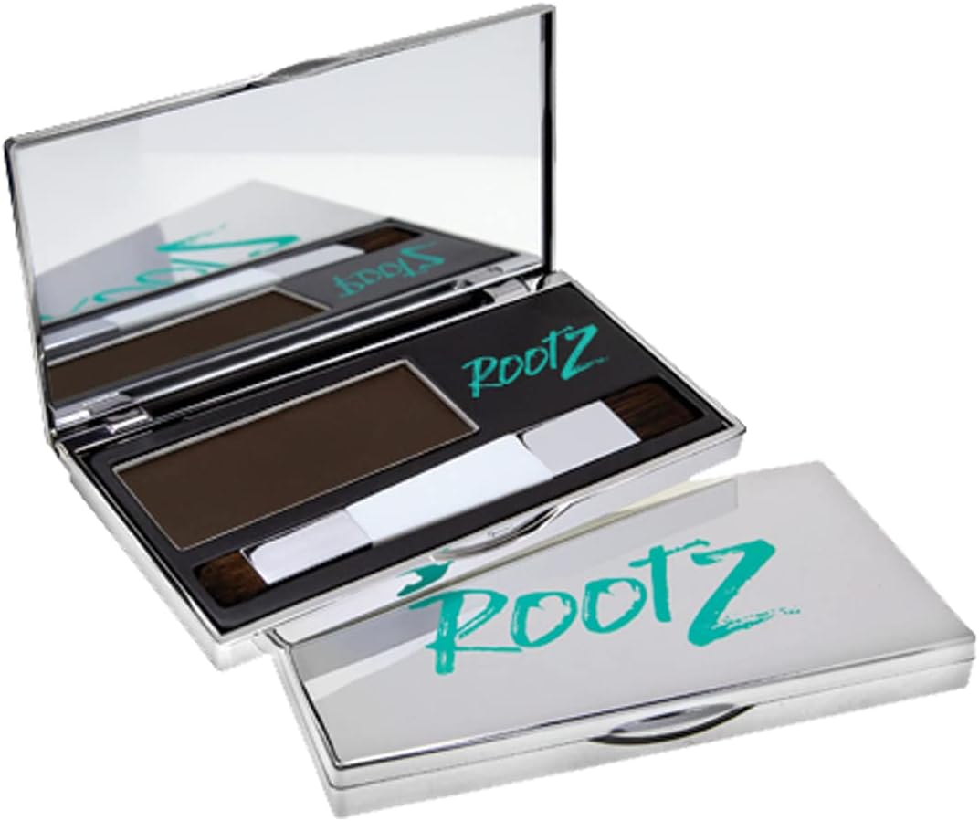 New! Rootz Grey Root Cover up Dark Brown Touch up for Grey Roots. Shape and Thicken Eyebrows Too. Unique Dual Action Brush - One Product - Two Uses