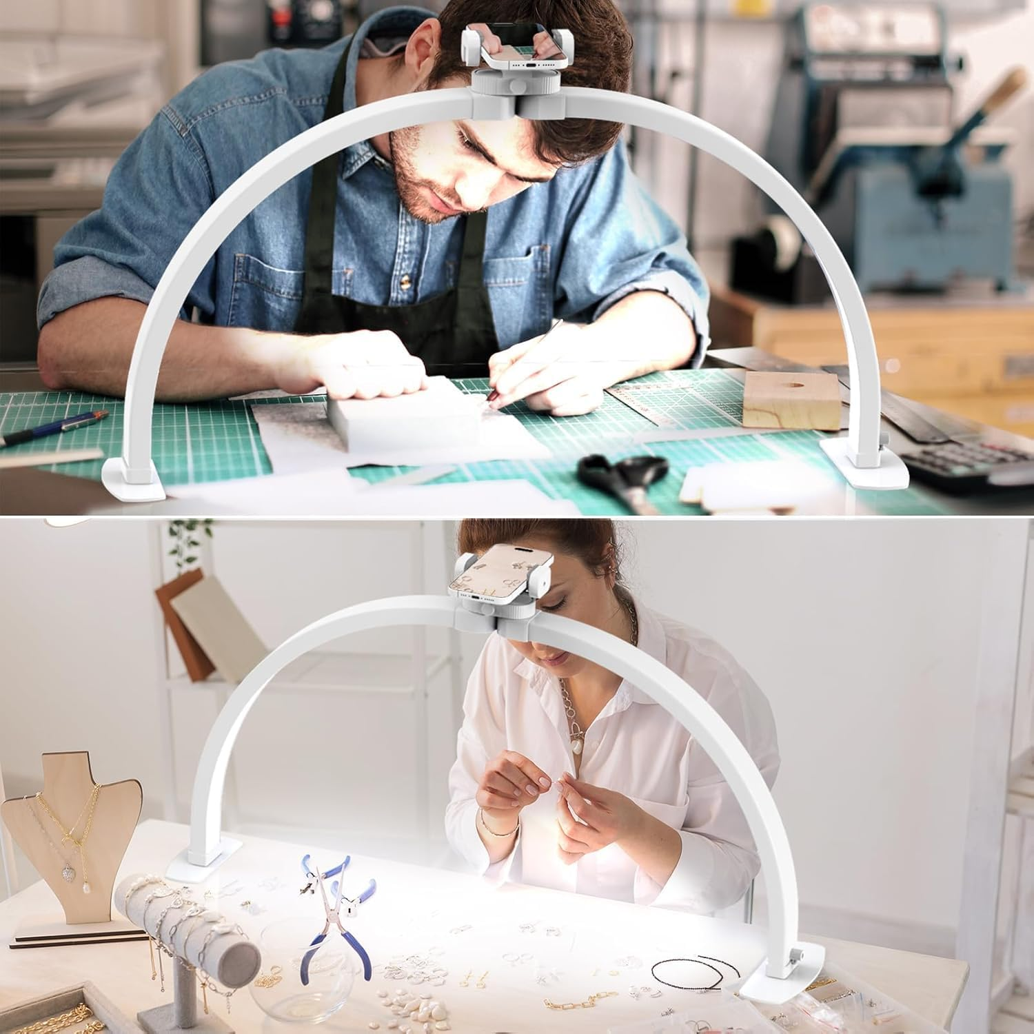 Half Moon Light for Nail Desk, 55CM Nail Table Lamp with Phone Holder, Leds Light for Beauty Manicure Eyelashes Tattoos Beauty Crafts Reading Spa with 3 Color Temperature (Crystal Diamond) - Pink image number 6