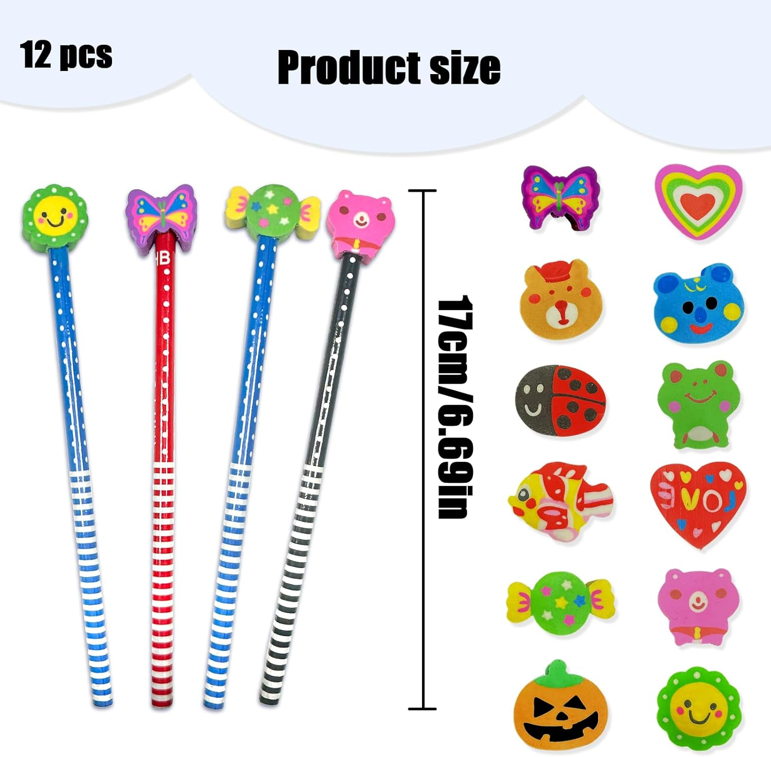 Assorted Cute Pencils, 12 PCS Colorful Cartoon Pencil with Erasers for School Supplies, Classroom Prizes (Bulk) image number 1