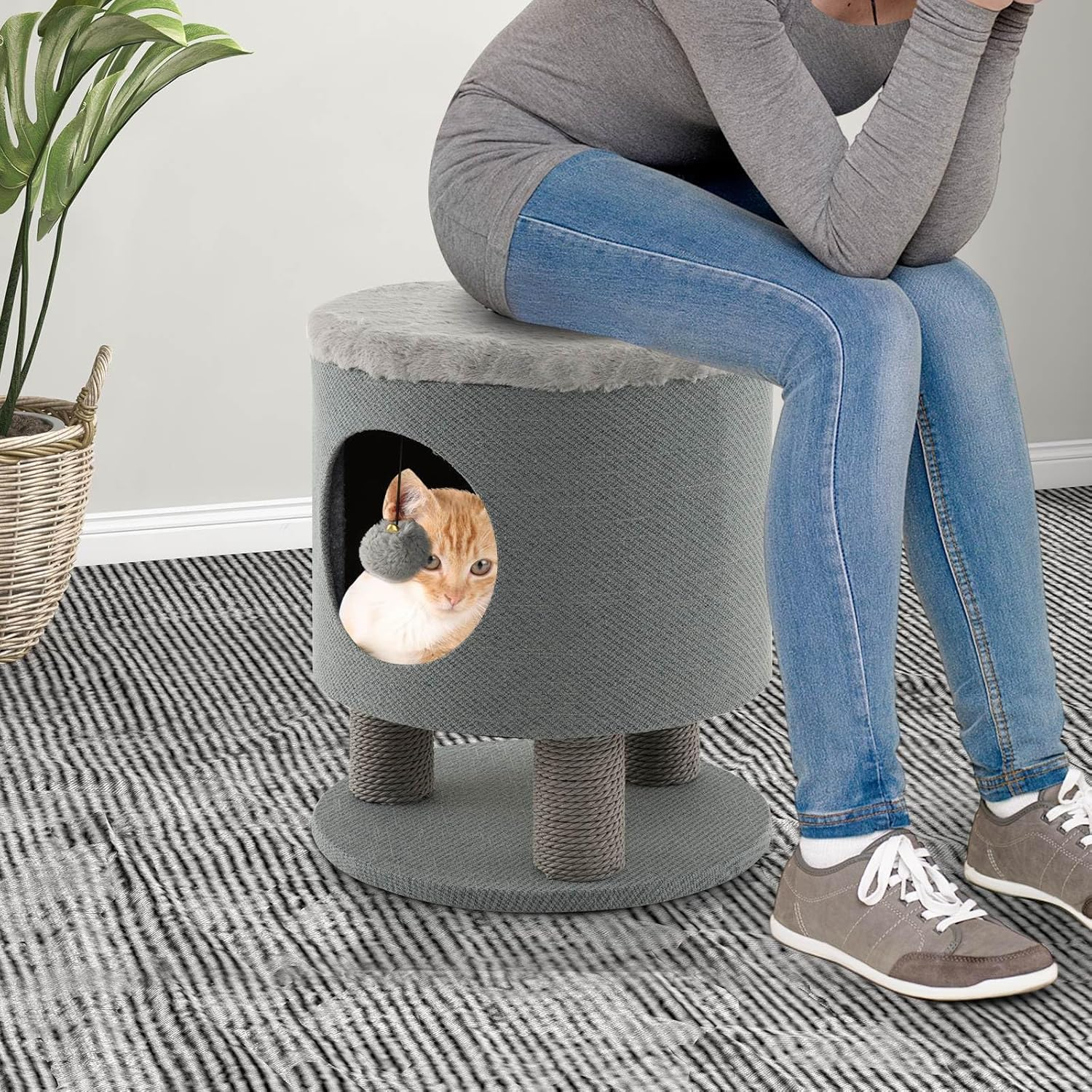 Costway Cat Condo Stool, Cat House Stool, Cat House Cube, Enclosed Cat Shelter, Small Cat Tree, Cat Furniture Bed with Scratching Post, Multipurpose Cat House (Grey, 40 X 40 X 47 Cm (L X W X H)) image number 4