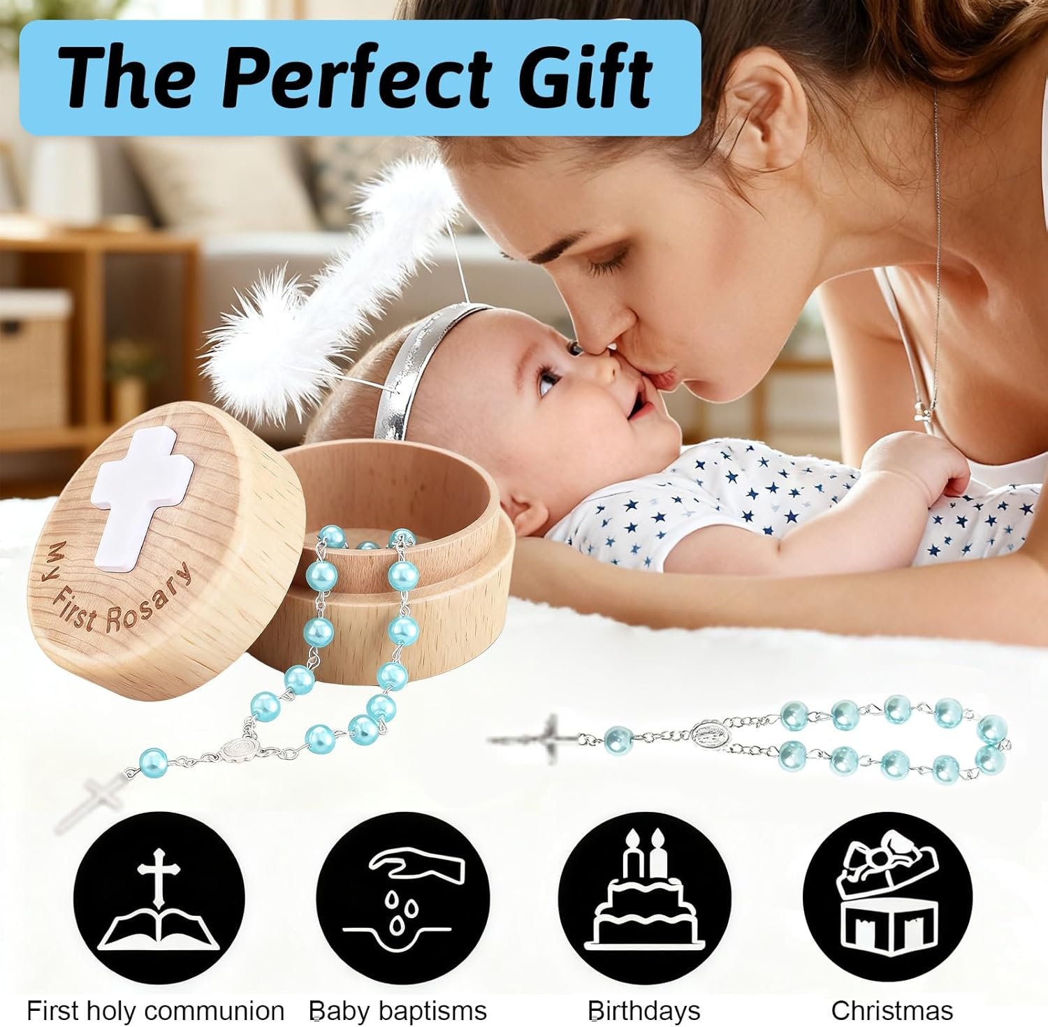 Surnavik Baby'S First Rosary Set - Deluxe Keepsake Memory Box with Pearlized Rosary Bracelet | Catholic Baptism Christening Newborns & Infants (Blue) - White image number 3