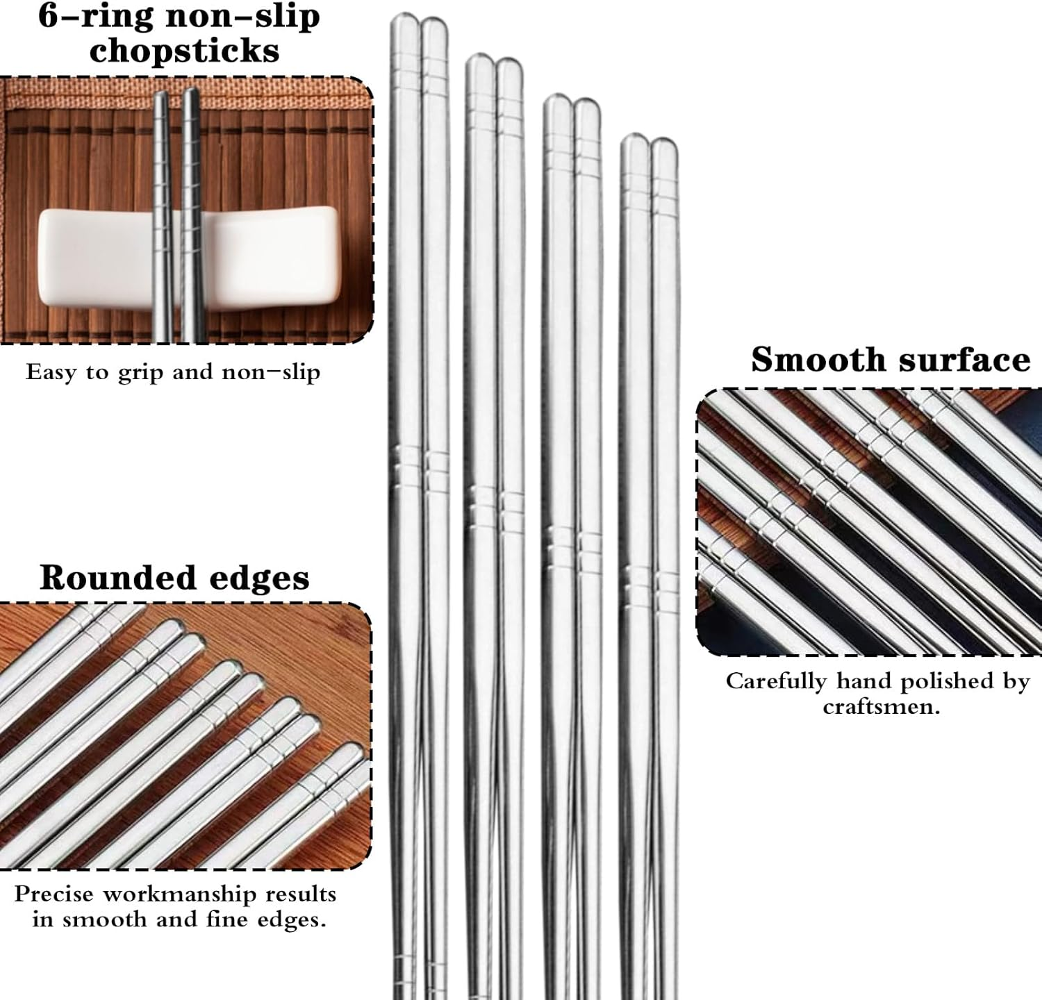 5 Pairs Metal Chopsticks, Stainless Steel Reusable Chop Sticks, Stainless Steel Tableware, Dishwasher Safe Metal Chopsticks Cutlery , Easy to Use Crockery Set, Gift Set (Silver) image number 3