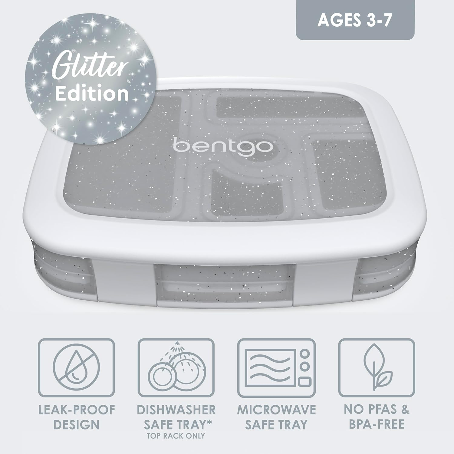 Bentgo&reg; Kids 5-Compartment Lunch Box - Glitter Design for School, Ideal for Ages 3-7, Leak-Proof, Drop-Proof, Dishwasher Safe, & Made with Bpa-Free Materials (Glitter Edition - Silver) image number 6