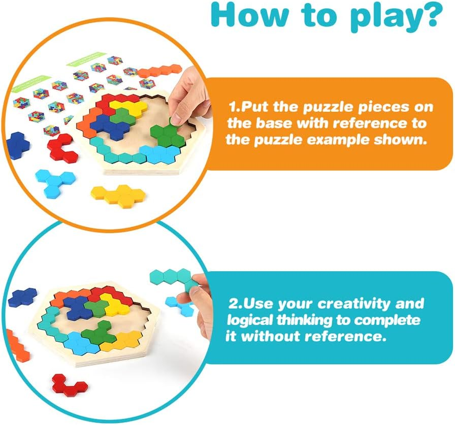 Wooden Brain Teaser Toy for Kids Adults Tangram Jigsaw Intelligence Colorful Hexagon Geometry Logic IQ Game STEM Montessori Educational Toys for All Ages Challenge image number 2