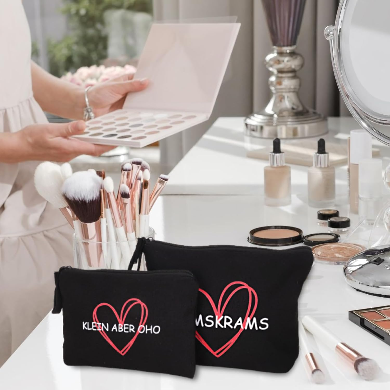 Pack of 2 Small Cosmetic Bag for Women/Girls, Toiletry Bag for Women, Black Krimskrams Make-Up Bag for Women, Girlfriend, Mum, Make up Bag with Saying, Travel Purse image number 3