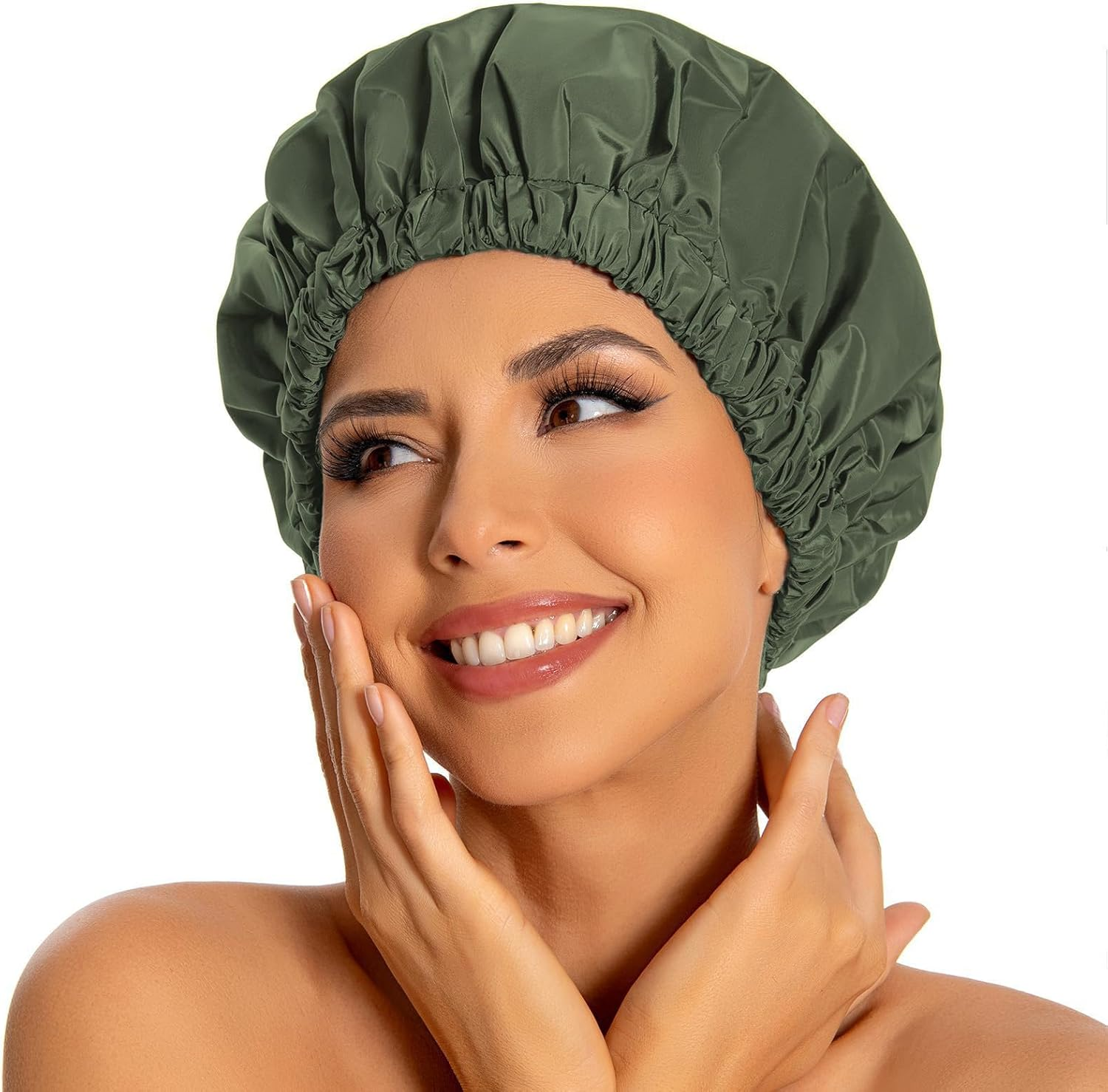 Xolixorium Reusable Shower Cap for Women Large Waterproof Shower Bonnet Washable with Elastic Band Bath Hair Hat for Long Hair and Braids Green image number 2