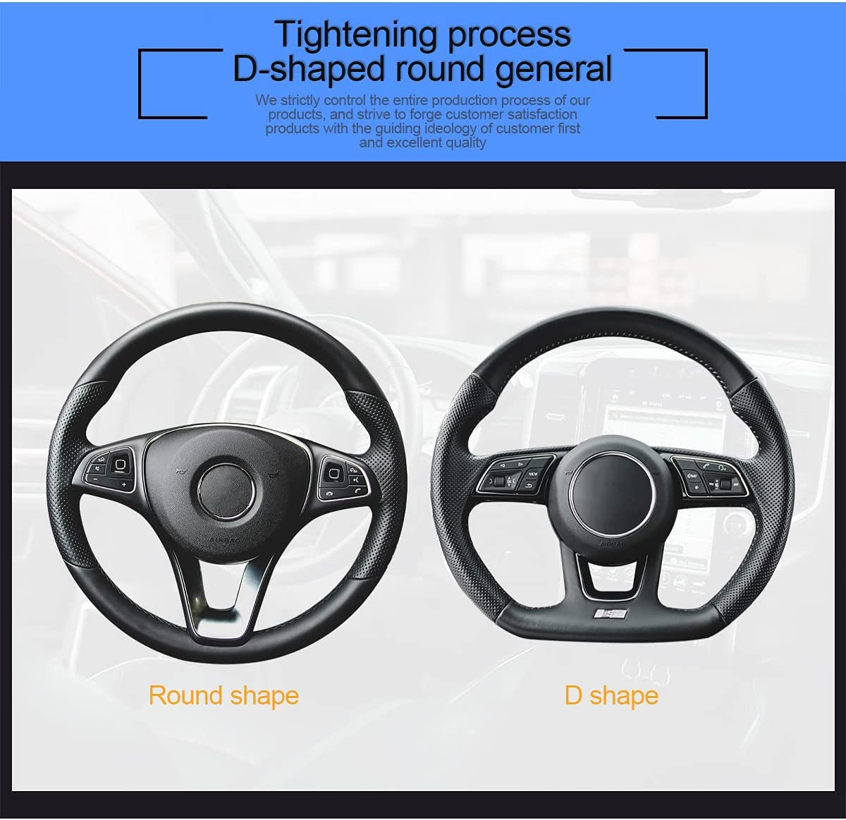 Leather Steering Wheel Cover, Auto Car Stretch Steering Wheel Protector, Universal 15 Inch Anti-Slip Breathable Odorless Steering Wheel Cover for Men Women (Black/Blue) - Black/Blue image number 5