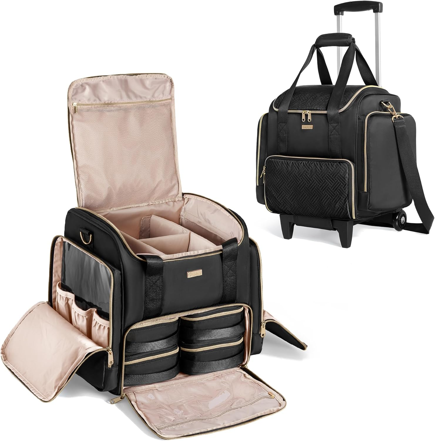 Prokva Rolling Makeup Case with 4 Removable Bags, Professional Makeup Train Case with Wheels, Makeup Artist Travel Bag with Brushes Storage Section (Patent Design), Black, Detachable Trolly Makeup