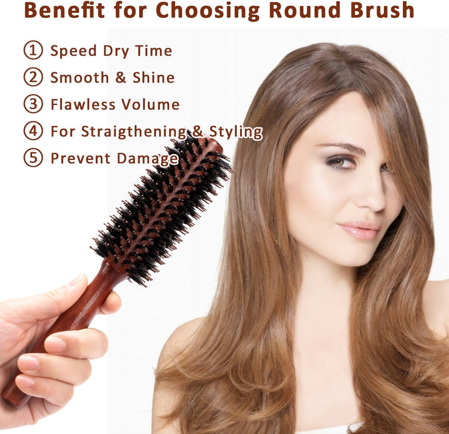 Round Boar Mane Hair Wooden Handle Brush, 2Pcs round Hair Brush Boar Bristle Hair Brushes,Wooden Handle round Bristle Styling Brush, Wooden Boar Bristle round Brush,Boar Bristle Brush round Hair Brush image number 2