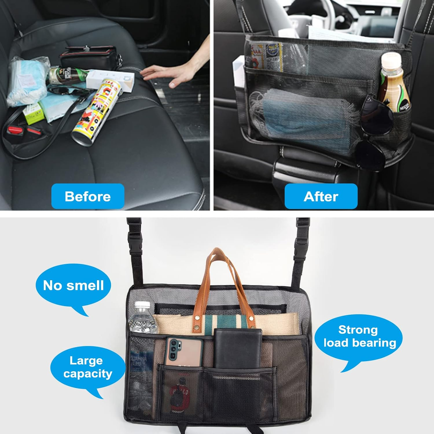 Car Seat Bag Holder,Car Net Pocket Handbag Holder between Front Seats,Car Handbag Purse Holder,Car Mesh Organizer,Purse Holder for Car,Large Capacity Car Net Bag Barrier of Back Seat Pet Kids image number 1