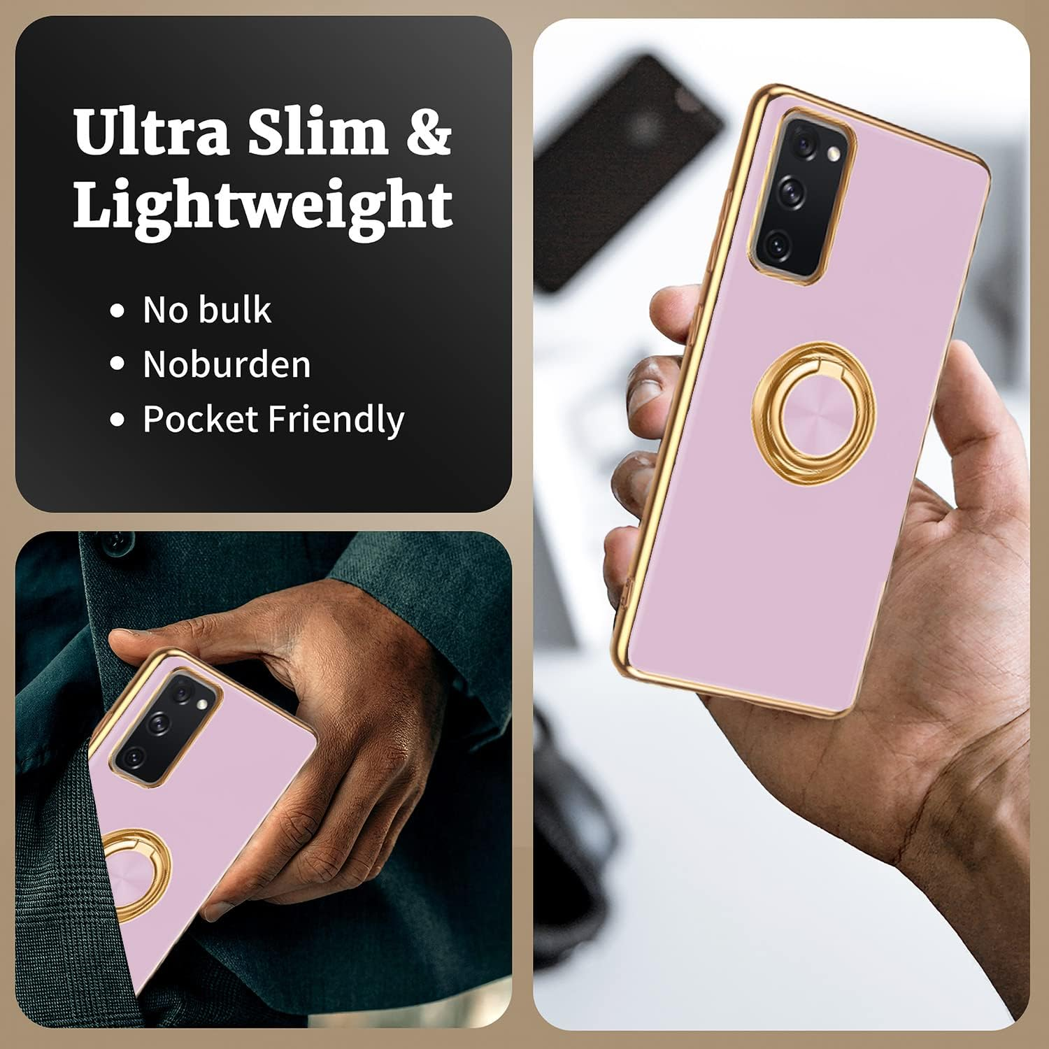 For Galaxy S20 FE 5G Ring Holder Case Edge Plating 360 Degree Rotation Kickstand Case Soft Silicone TPU Women Girls Slim Soft Flexible Protective Case for Samsung S20 FE 5G (Purple)