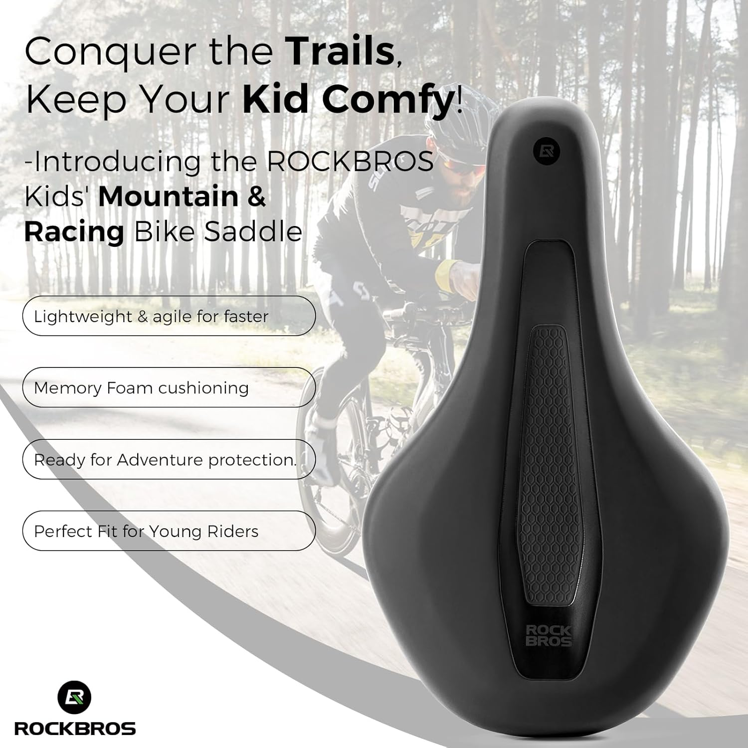 ROCKBROS Kids Bike Saddle Youth Replacement Bike Seat Kids Bicycle Seat with Ergonomic Design -3 Zone Concept - Waterproof, Enhance Young Little Riders for BMX, MTB & Road 16" to 24" image number 2