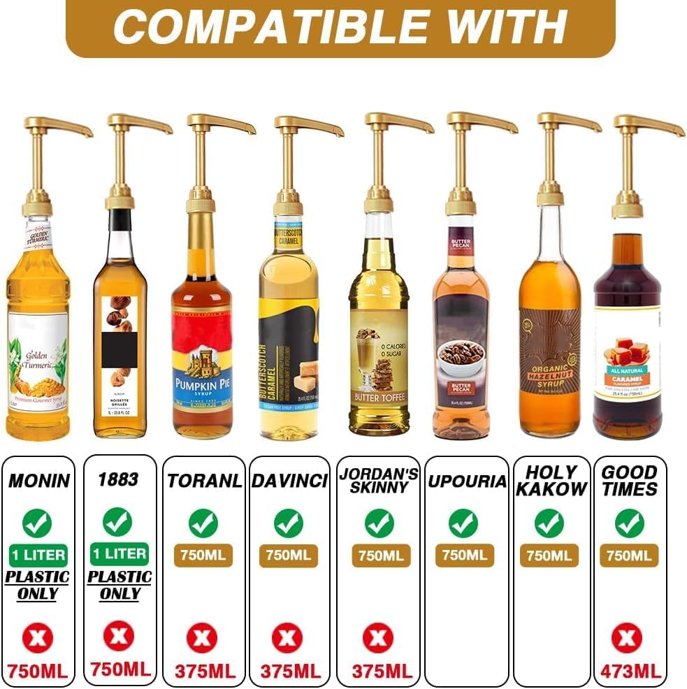 Gold Squirt Syrup Pump, (Pack of 2) Coffee Syrup Pump Dispenser | Coffee Syrup Bottle 750Ml / 25.4Oz Syrup Pump for Kitchen Dinning Bar Accessories | Compatible with Monin, Torani, Da Vinci Bottles image number 2