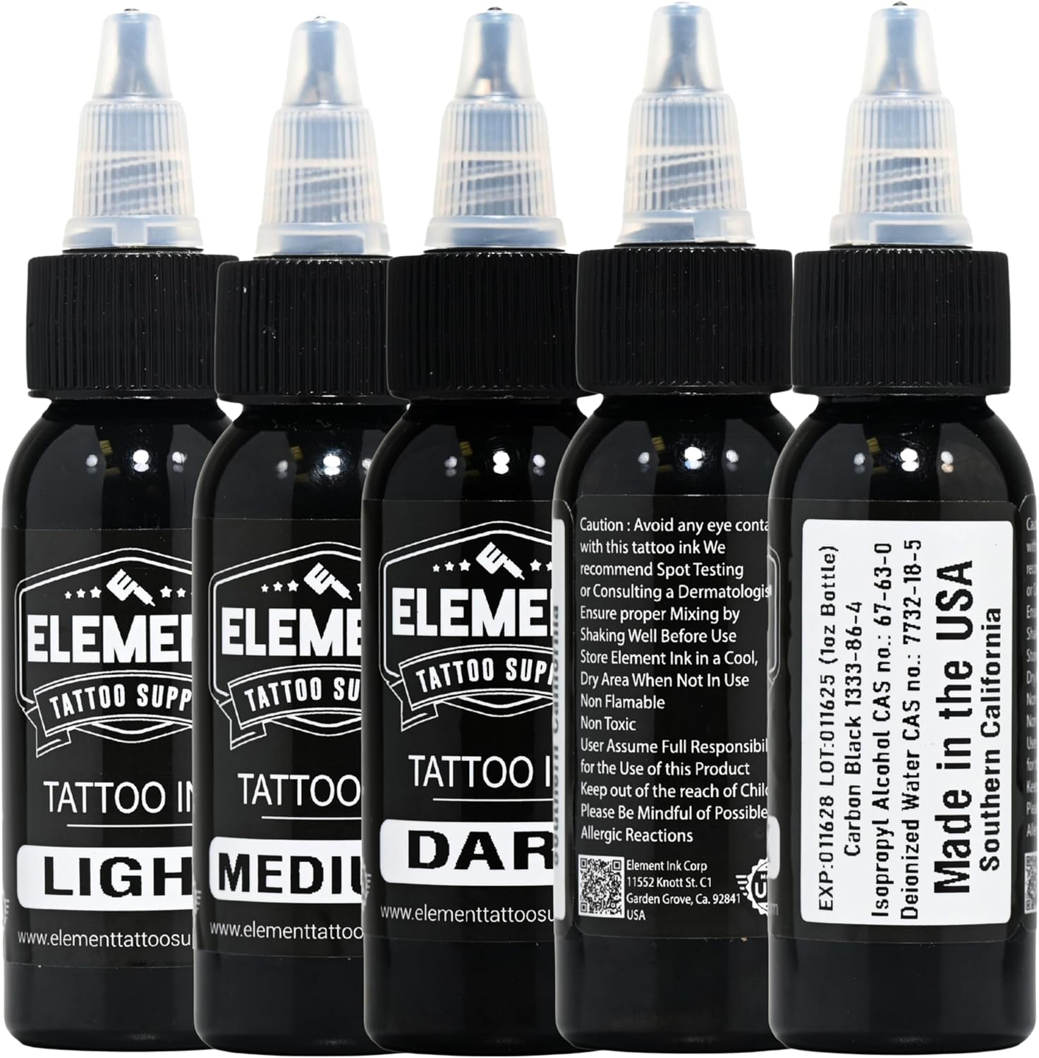 Element Tattoo Supply Greywash Tattoo Ink Set - Professional Tattooing, Light, Medium & Dark Shades, Includes Black & White Solid Inks for Outlining, Shading & Blending, 1 Oz Bottle (5 Pack) image number 3