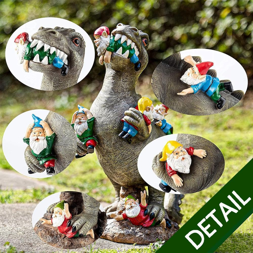 Funny Dinosaur Eating Gnomes Garden Statue &ndash; Outdoor Yard Gnome Decor, Lawn Ornament & Idea