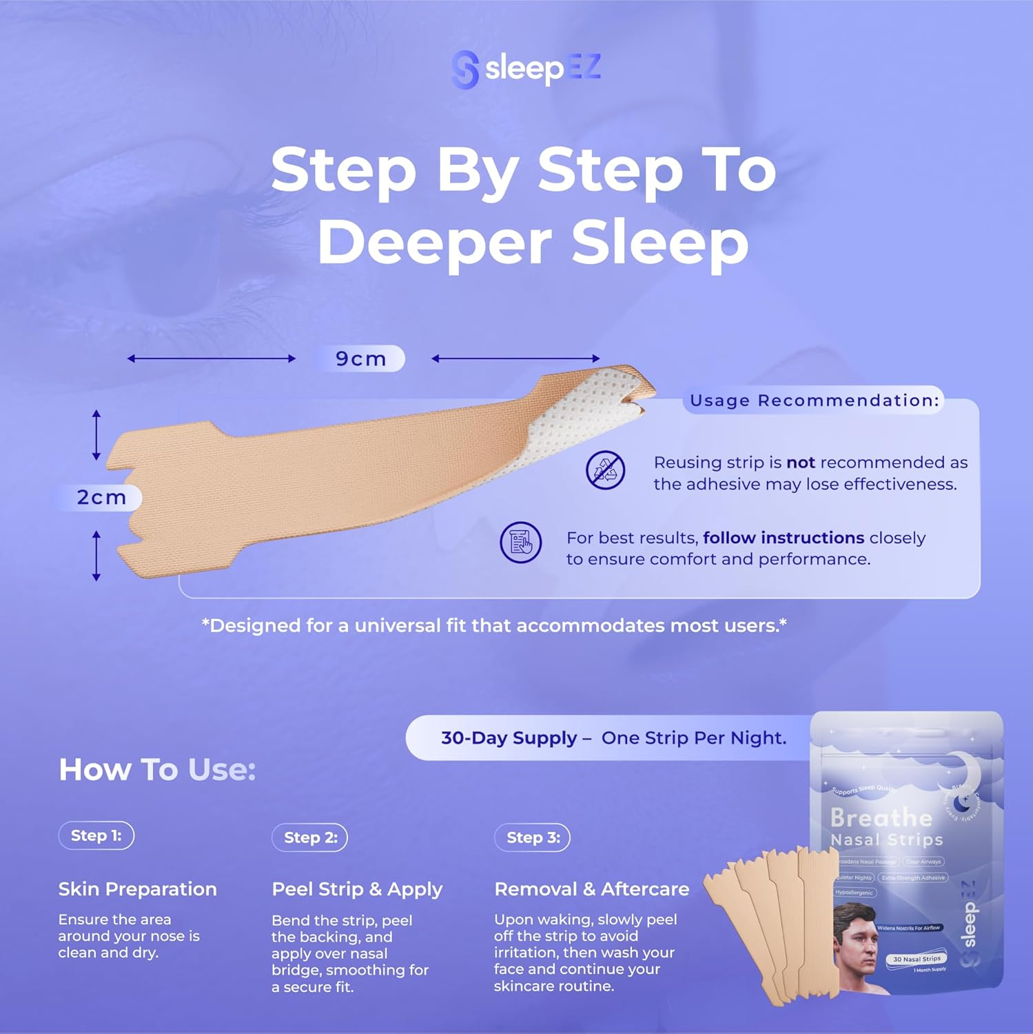 Breathe Nasal Strips &ndash; 30 Pack | Hypoallergenic Nose Strips for Sleeping & Snoring Relief | Opens Nasal Passages for Better Airflow & Deep Sleep | Extra Grip, No-Slip Adhesive | Skin Tone image number 6