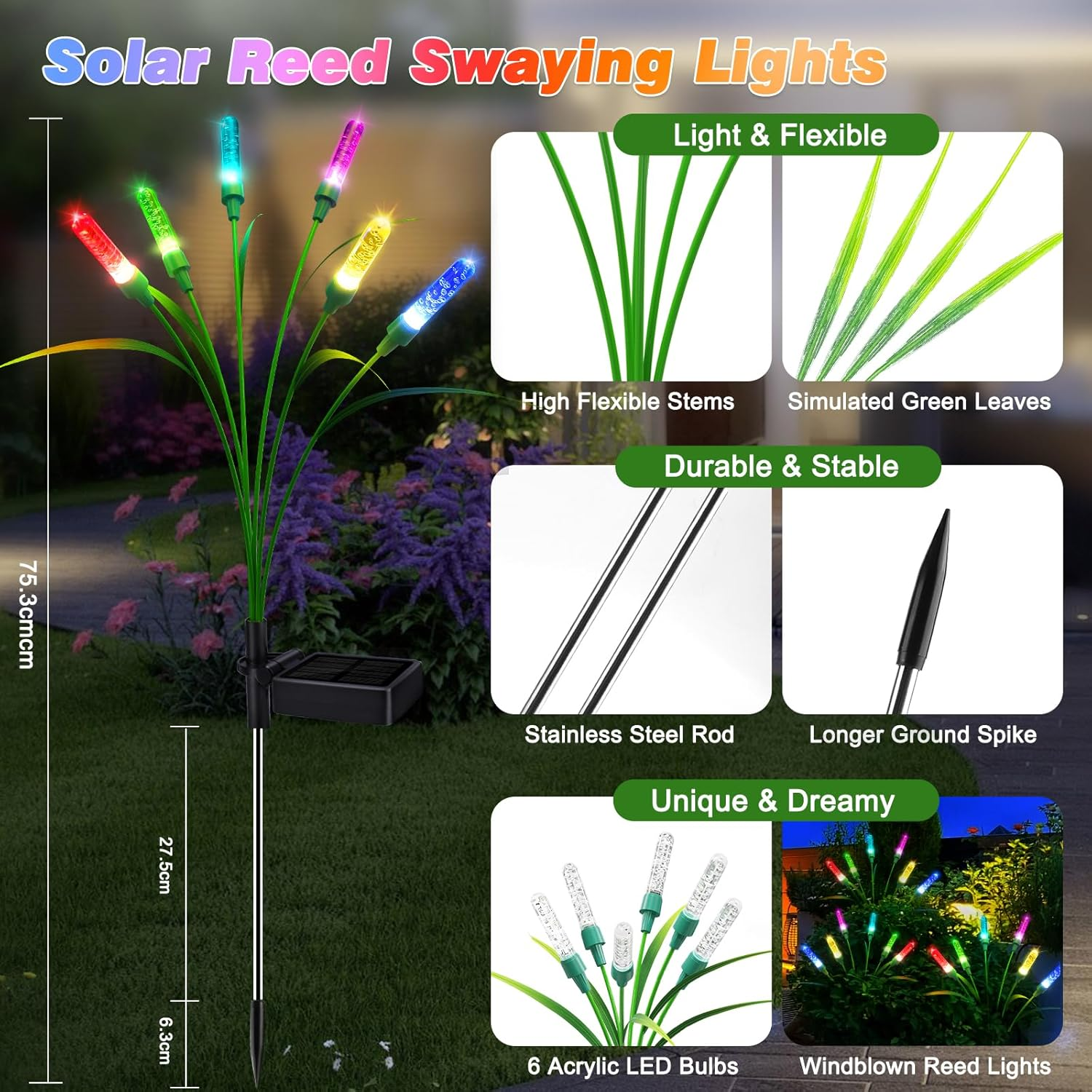 Bluefire 2 Pack Solar Garden Lights, 30 Inch Crystal Solar Reed Garden Lights with 12 Bulbs, Waterproof Outdoor Patio Light for Pathway Yard Walkway Patio Lawns Wedding Party(Multicolor) image number 3