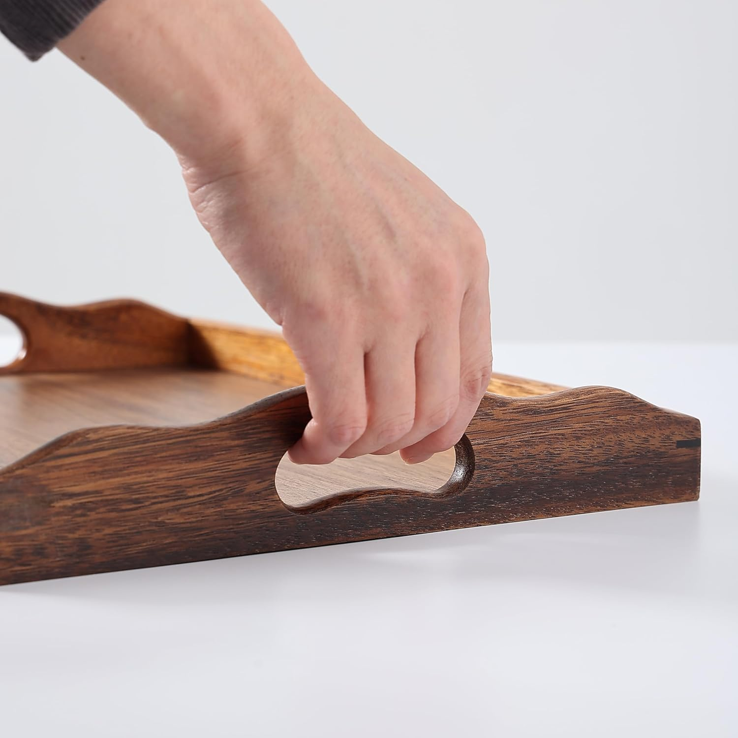 MOOKOMI Nature Walnut Wooden Serving Tray with Handles, Solid Wood Food Tray for Coffee, Breakfast, Dinner, Ottoman,16.6X11.8X2.4 Inches