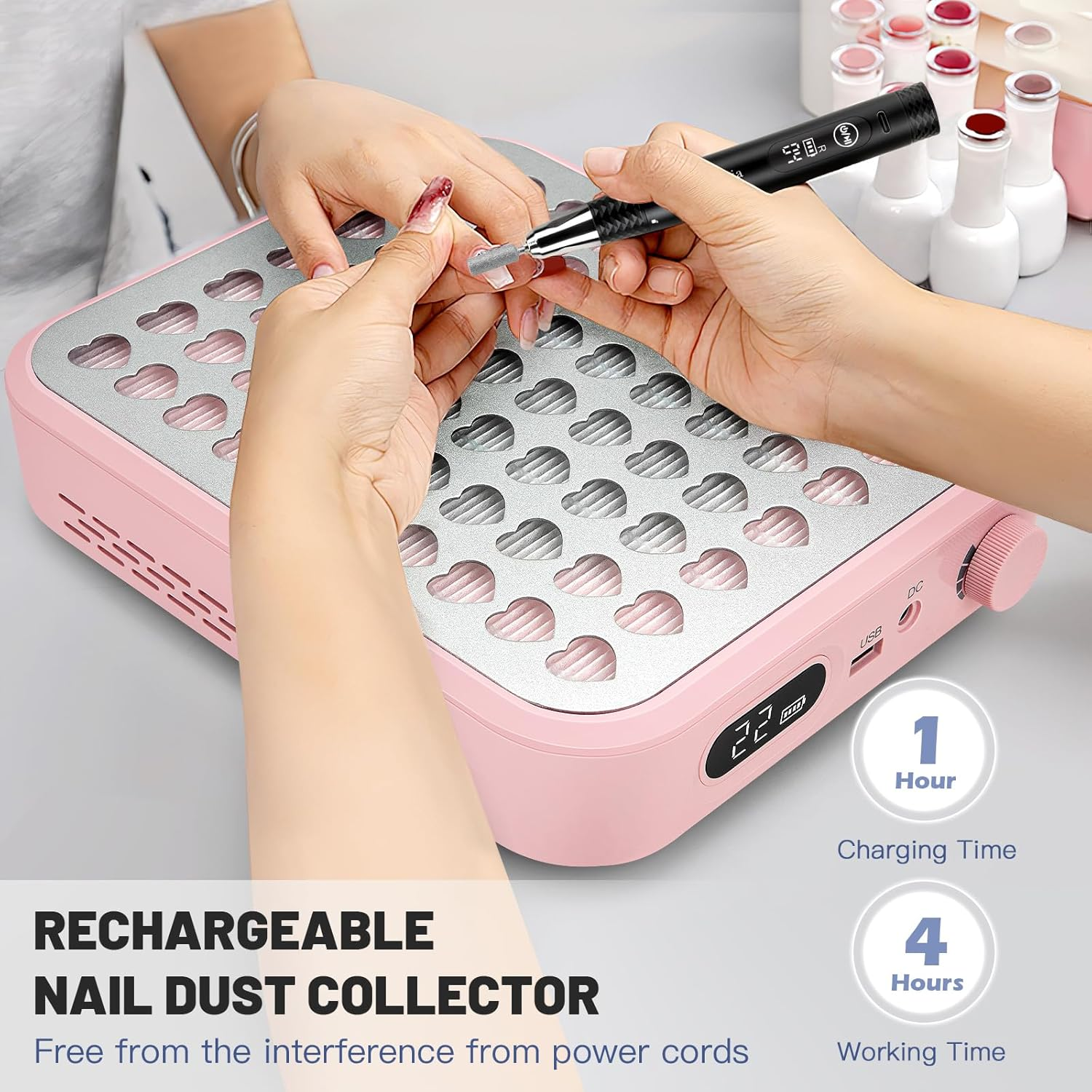 Madenia Rechargeable Nail Dust Collector: 56W Professional and Powerful Nail Vacuum Cleaner with 30000RPM Adjustable Speed - Quiet Nail Vacuum Extractor for Nail Studio & Home (Pink) - Pink image number 5