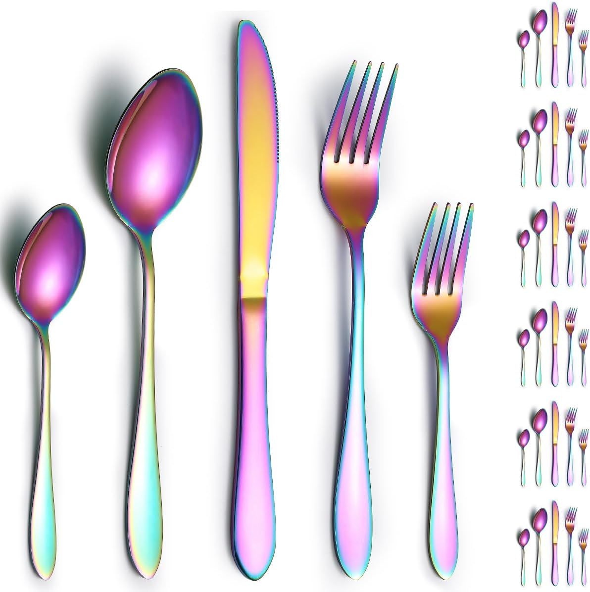 Reanea Cutlery Set 30 Pieces for 6 People Rainbow Cutlery Titanium Cutlery Set Includes Knives, Spoons, Forks, Teaspoons, Salad Forks, Salad Forks, Dishwasher Safe image number 4